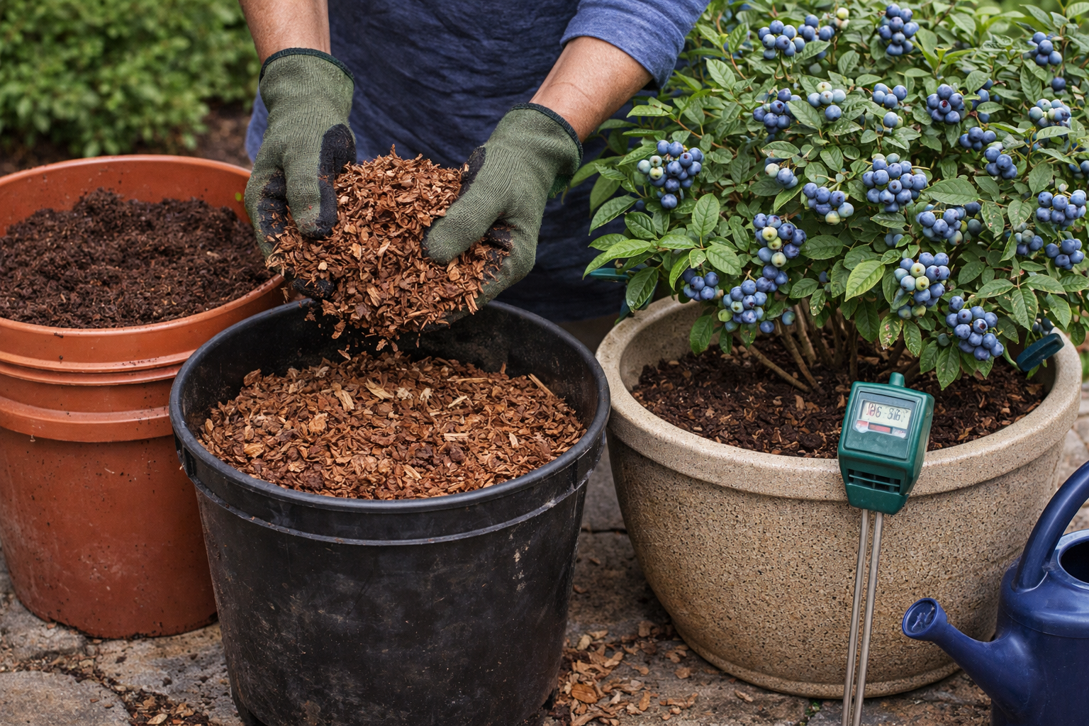 Container blueberry setup with acidic potting mix, bark mulch, and drainage holes