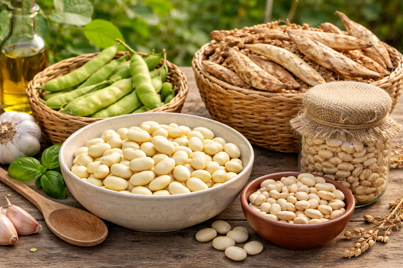 Butter beans shown at fresh-shell, dry-bean, and fully dry seed-saving stages