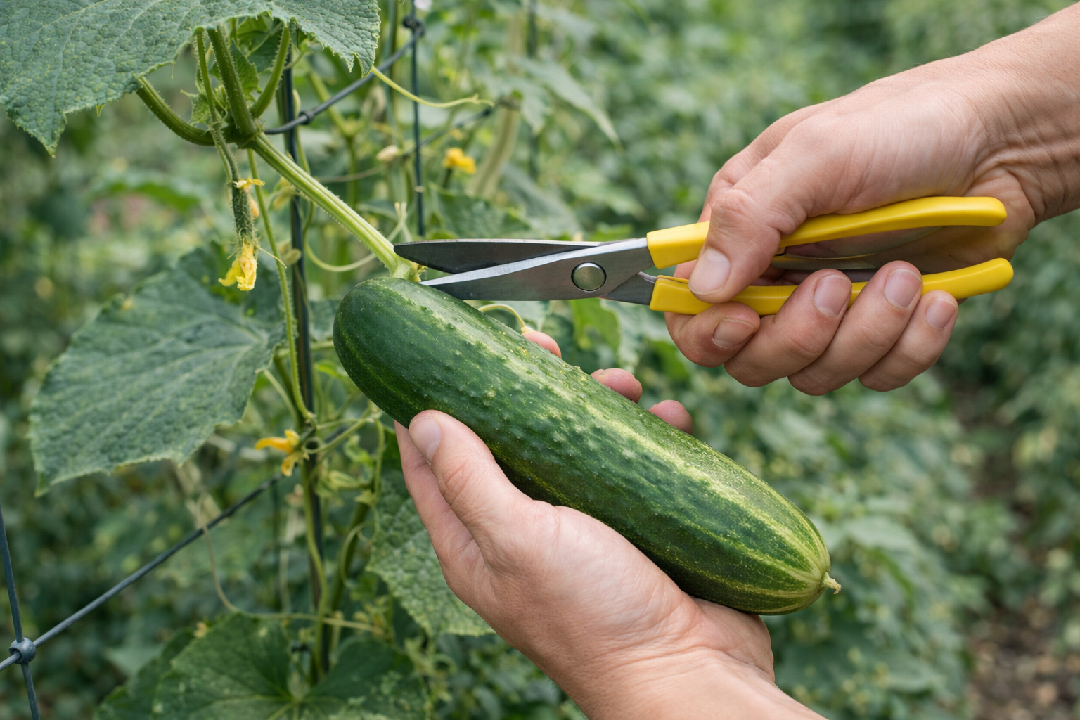 Gardener cutting a cucumber from the vine with pruners while supporting the fruit