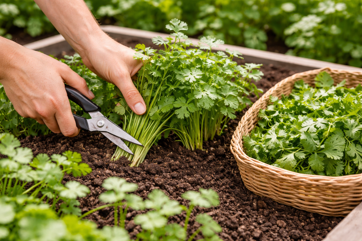 Hands harvesting outer cilantro stems while leaving the center growing