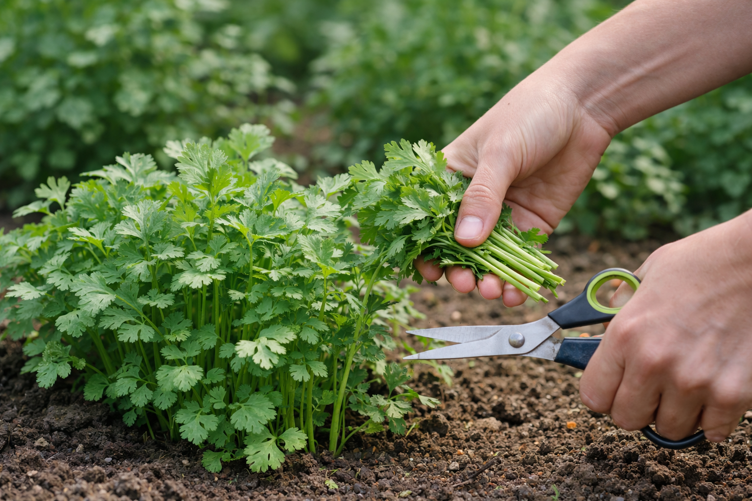 Hand harvesting outer cilantro stems from a young broad-leaf plant at the base