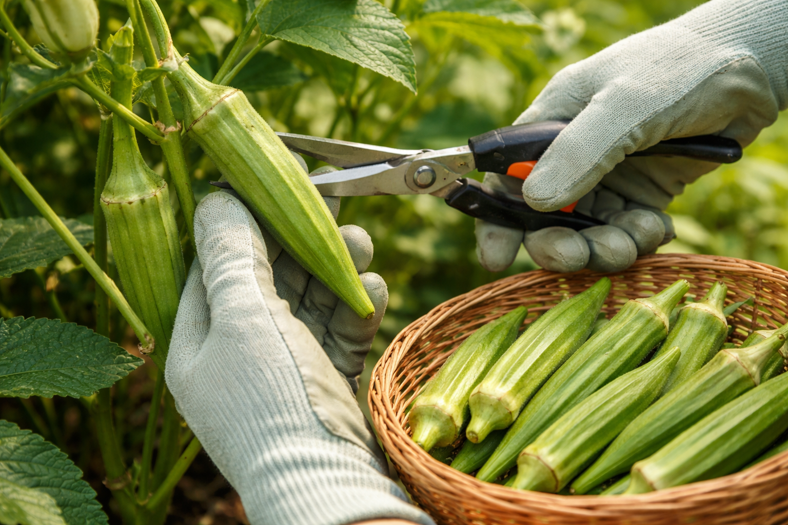 Gardener cutting an okra pod cleanly from the stem with hand pruners