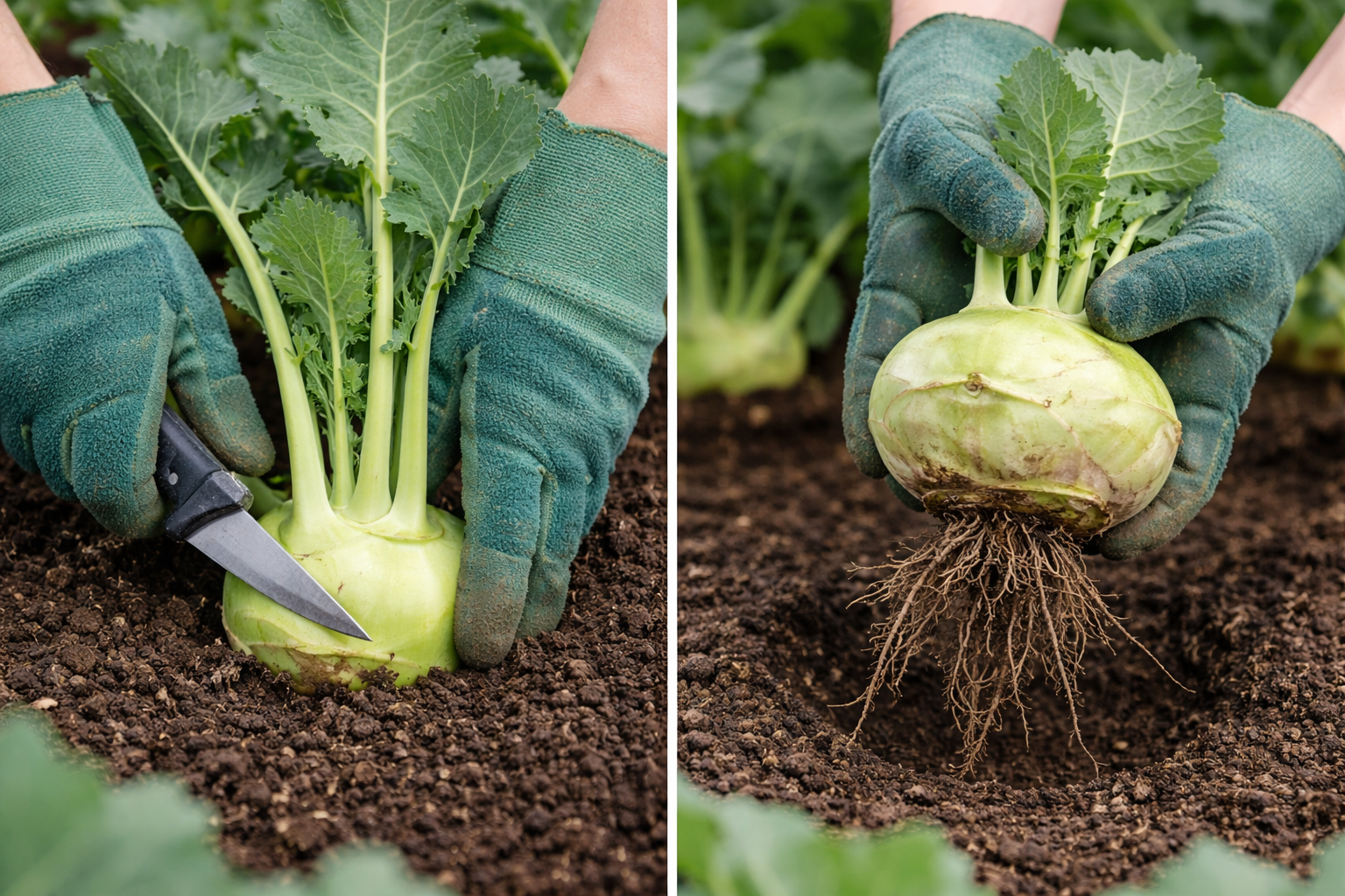 Hands harvesting kohlrabi by cutting at the soil line in a garden bed