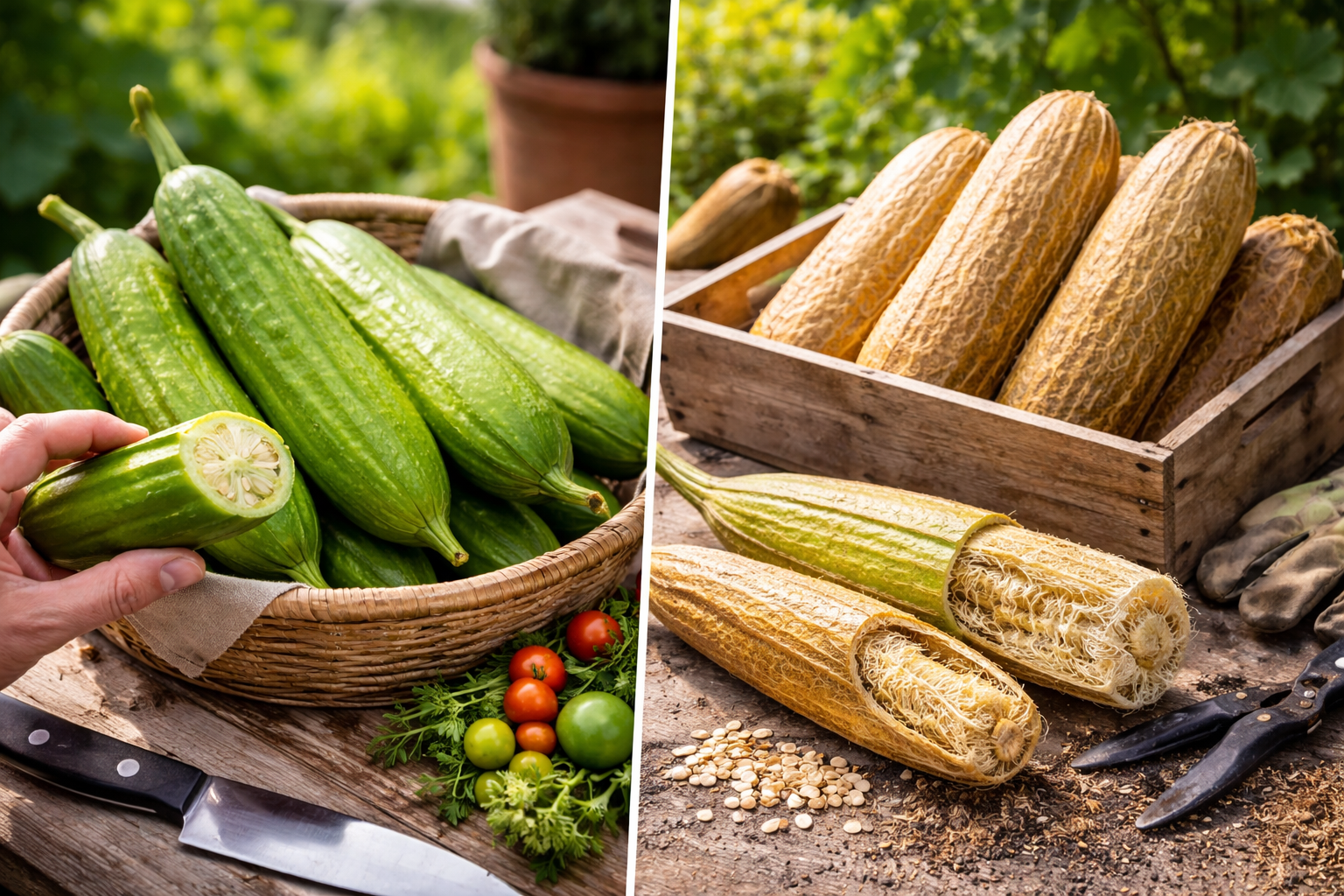 Young green luffa for eating next to mature dried luffa gourds and a peeled loofah sponge