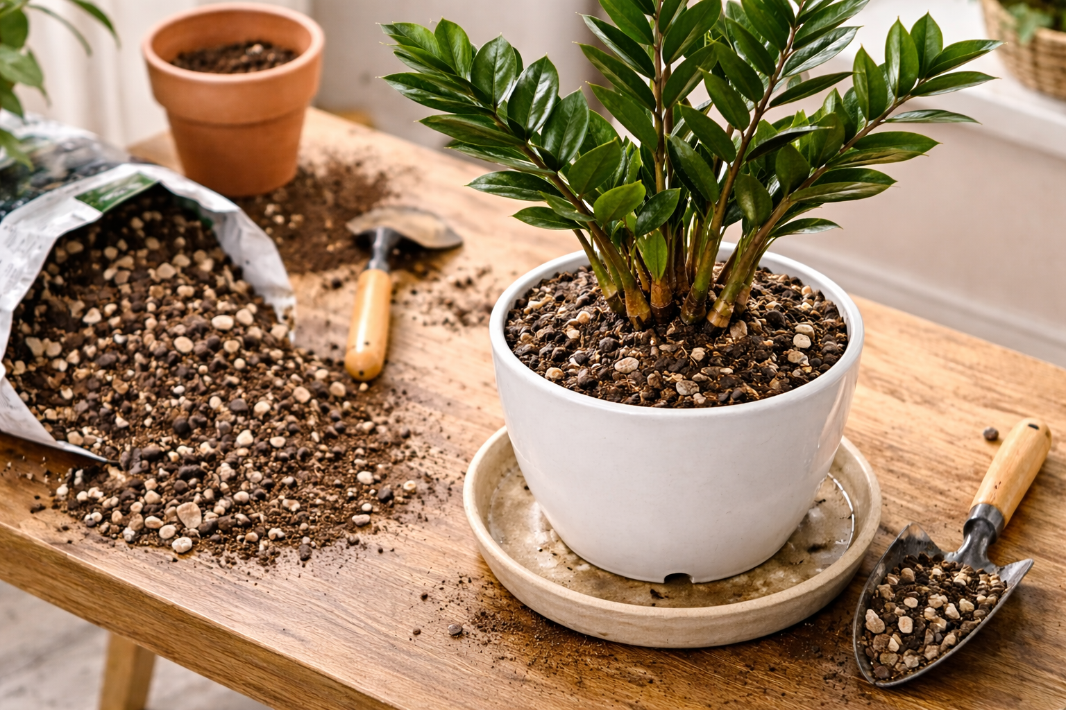 ZZ plant in a properly sized pot with drainage holes and chunky well-draining soil