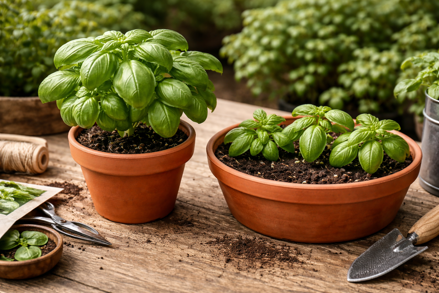 One large basil plant in a pot next to a wider pot with several smaller basil plants