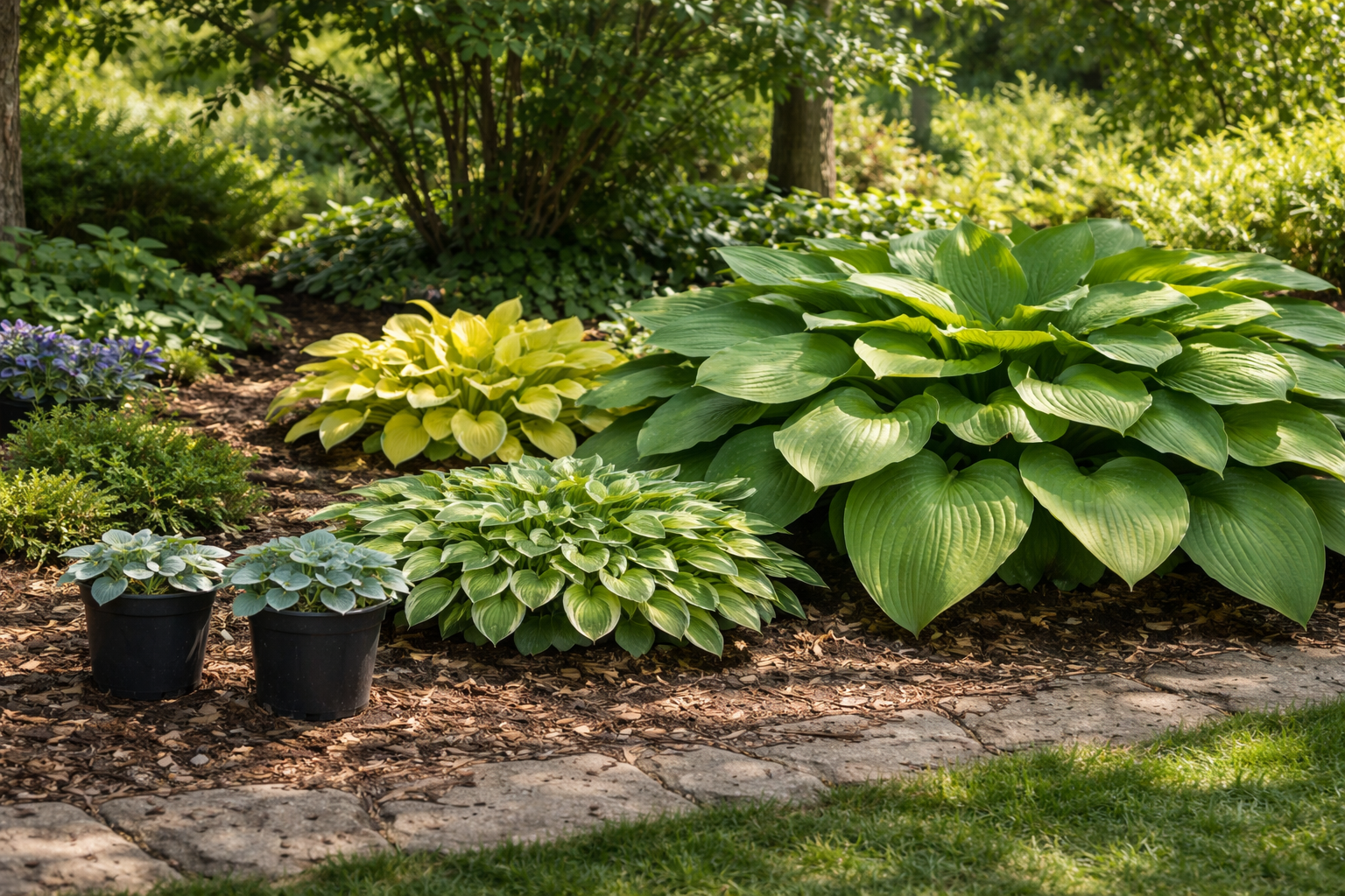 Small, medium, and giant hostas shown side by side in a shade garden