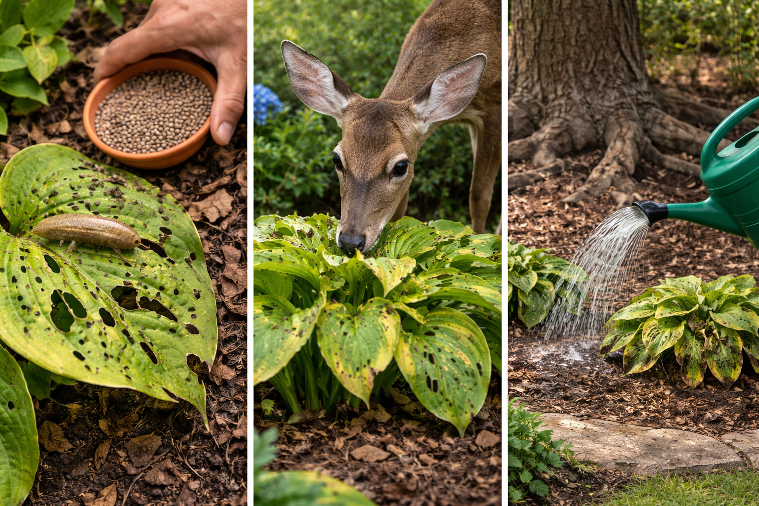 Hosta leaves with slug holes, deer damage, and stress in dry shade conditions