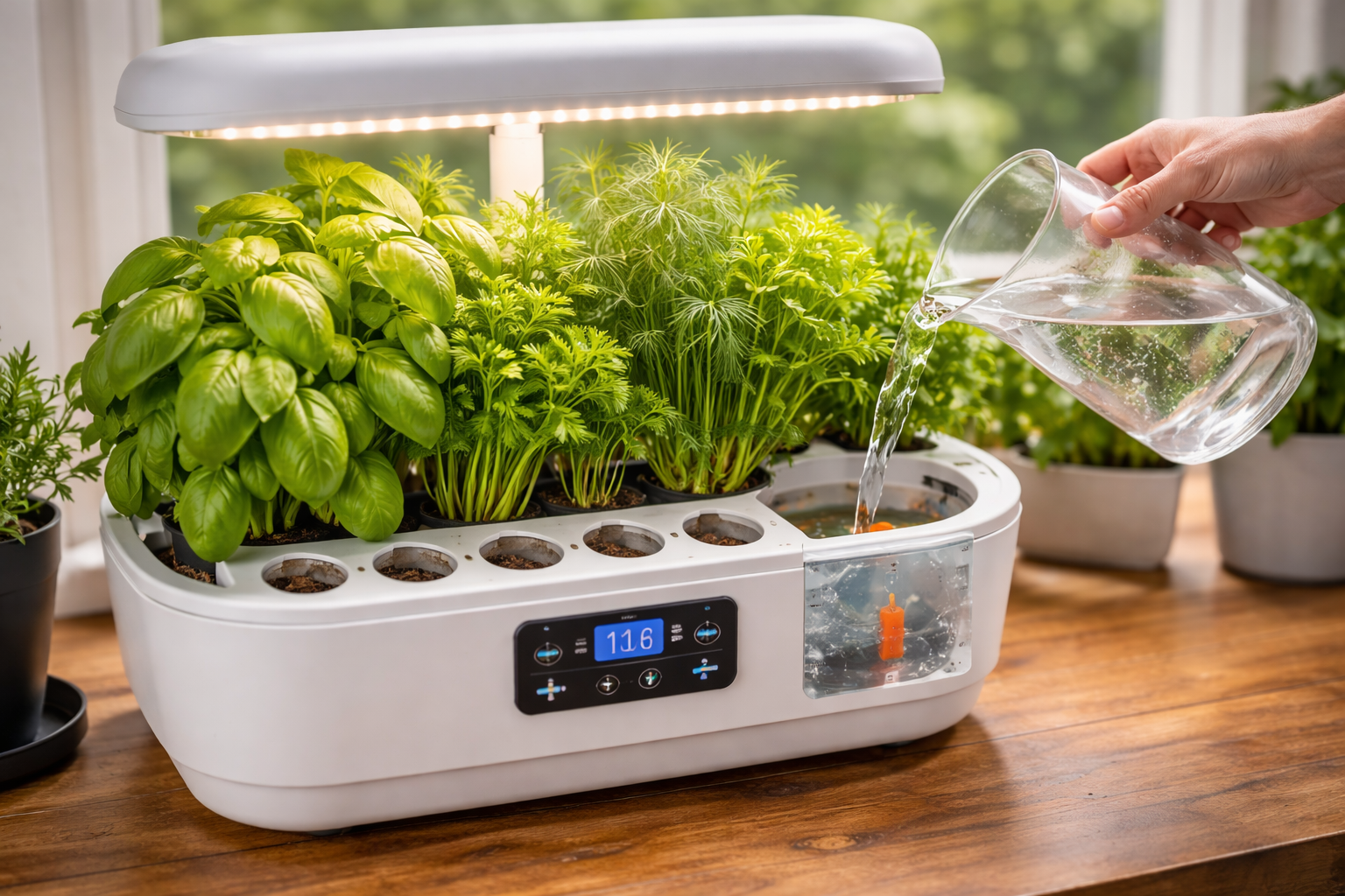 Close view of an indoor garden system showing adjustable light, reservoir, pod spacing, and plant height