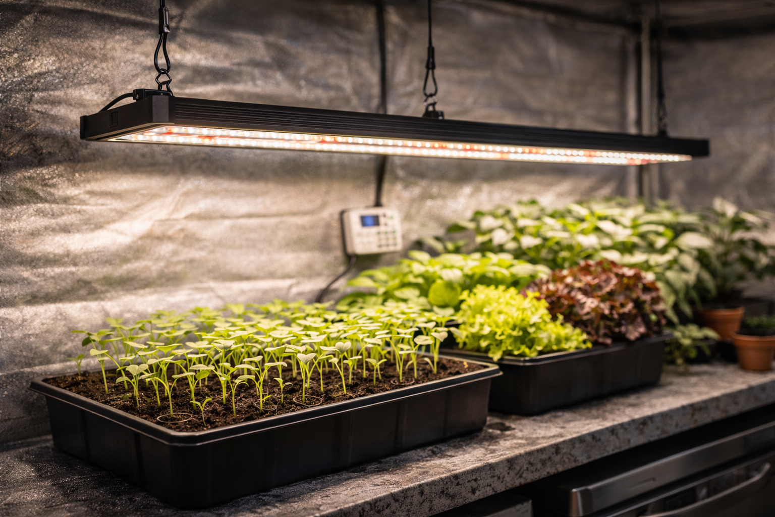 7 Best LED Grow Lights for Indoor Gardening That Actually Work 5 LED grow light positioned at the correct height above indoor seedlings and herbs