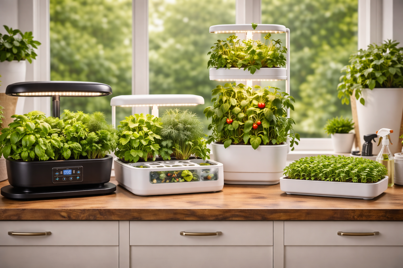 Four indoor gardening formats including a pod garden, open-seed hydroponic kit, vertical tower, and microgreens tray