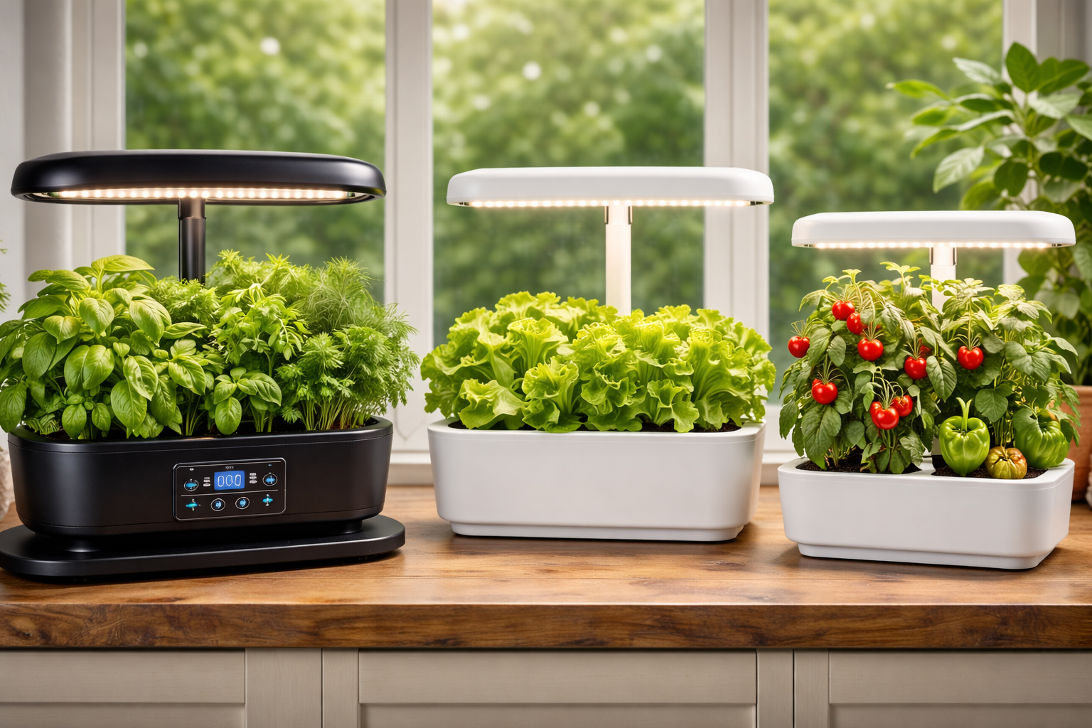 Indoor gardening systems growing herbs, lettuce, and cherry tomatoes side by side for comparison
