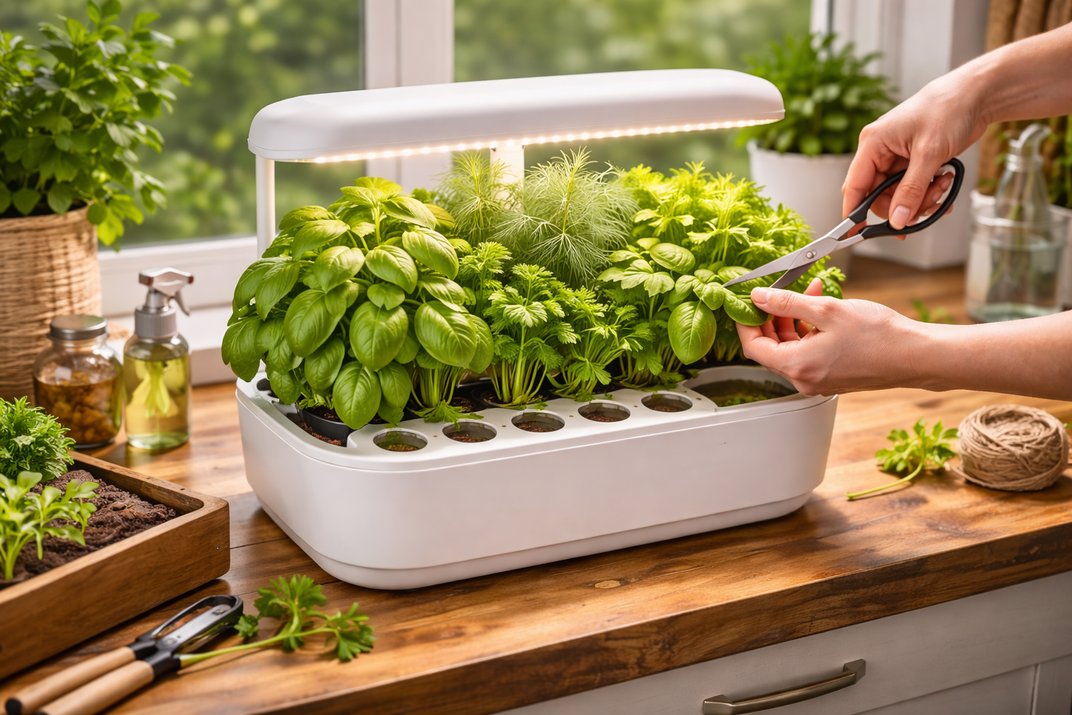 Well-placed indoor gardening system with beginner-friendly herbs, clean water tank, and proper spacing under grow lights