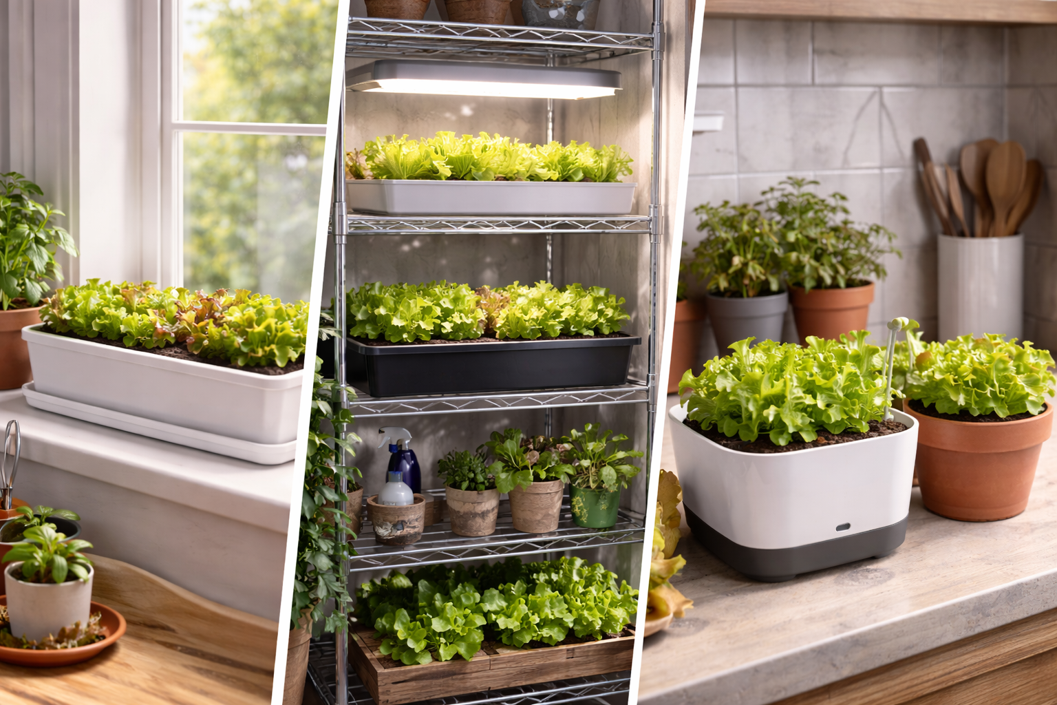 Different indoor lettuce growing setups with windowsill planter, grow light tray, and compact shelf arrangement
