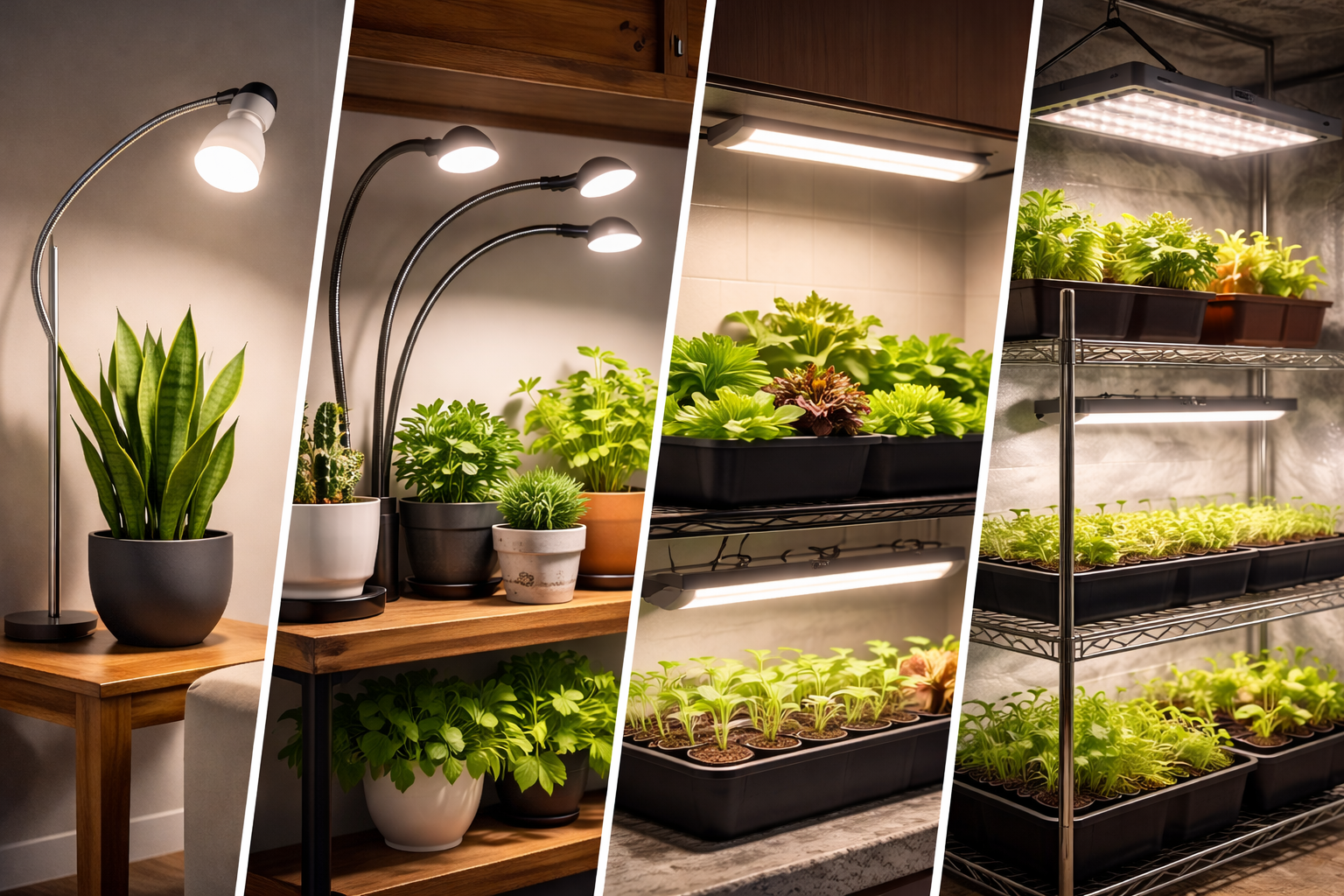 7 Best LED Grow Lights for Indoor Gardening That Actually Work 3 Comparison of bulb, clip-on, bar, and rack LED grow light setups for indoor plants