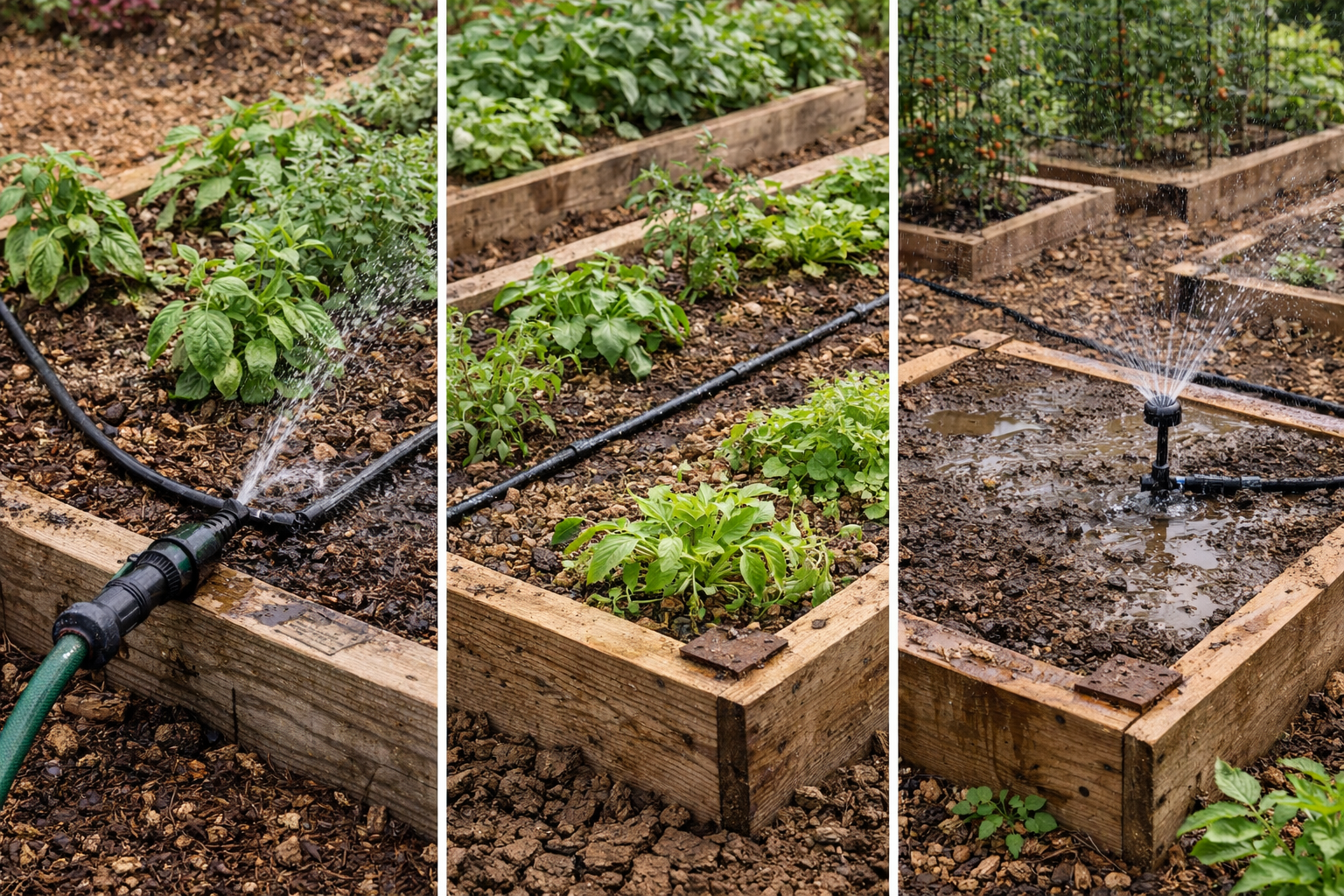 Raised bed irrigation mistakes including bare soil, uneven drip line placement, and dry corners in a garden bed