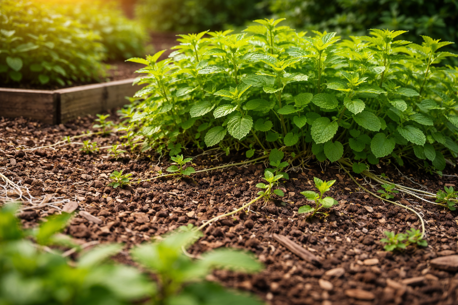 Mint spreading aggressively beyond its planting area with visible dense growth