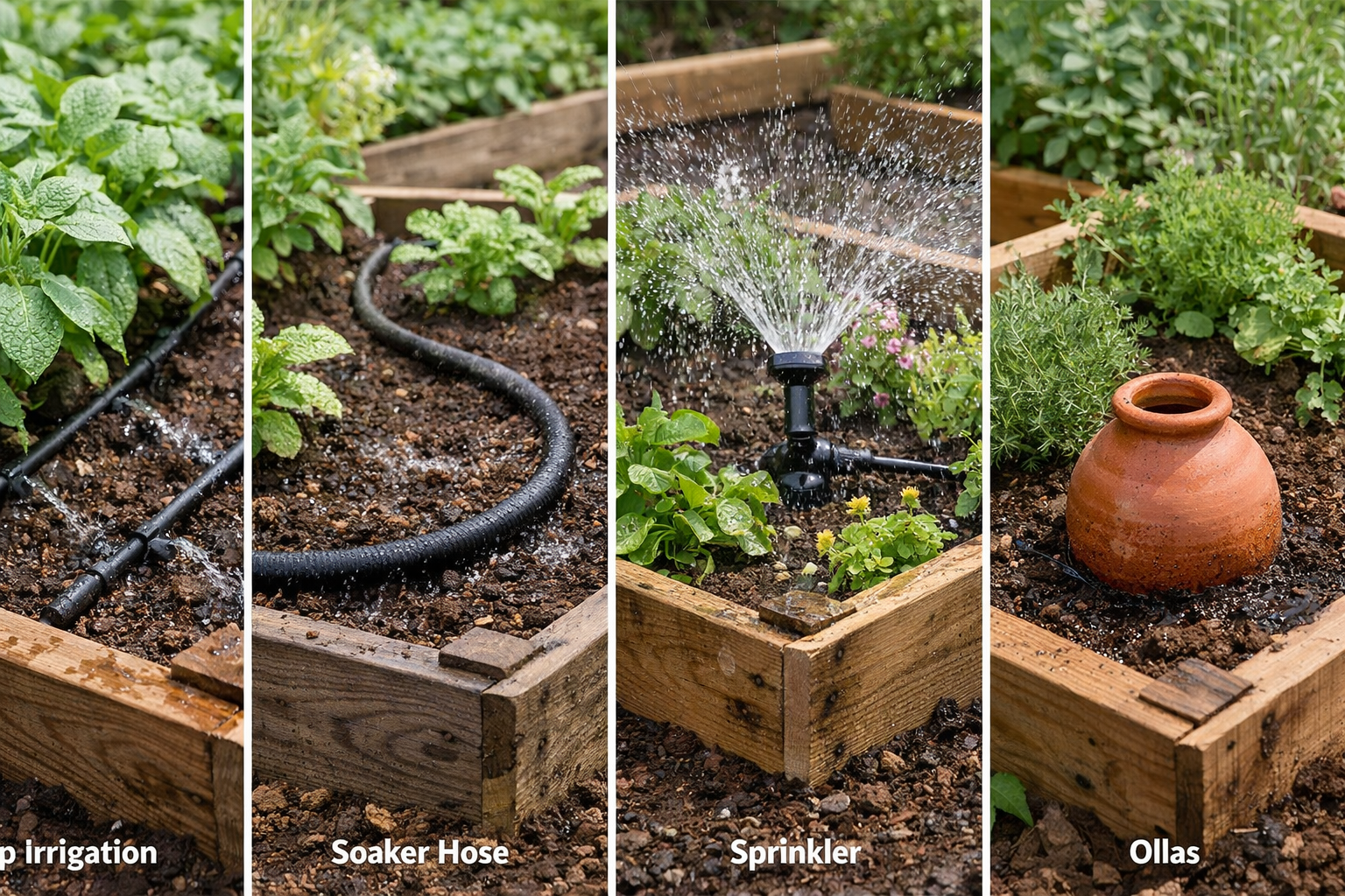 Side by side view of drip irrigation, soaker hose, sprinkler, and olla watering in raised beds