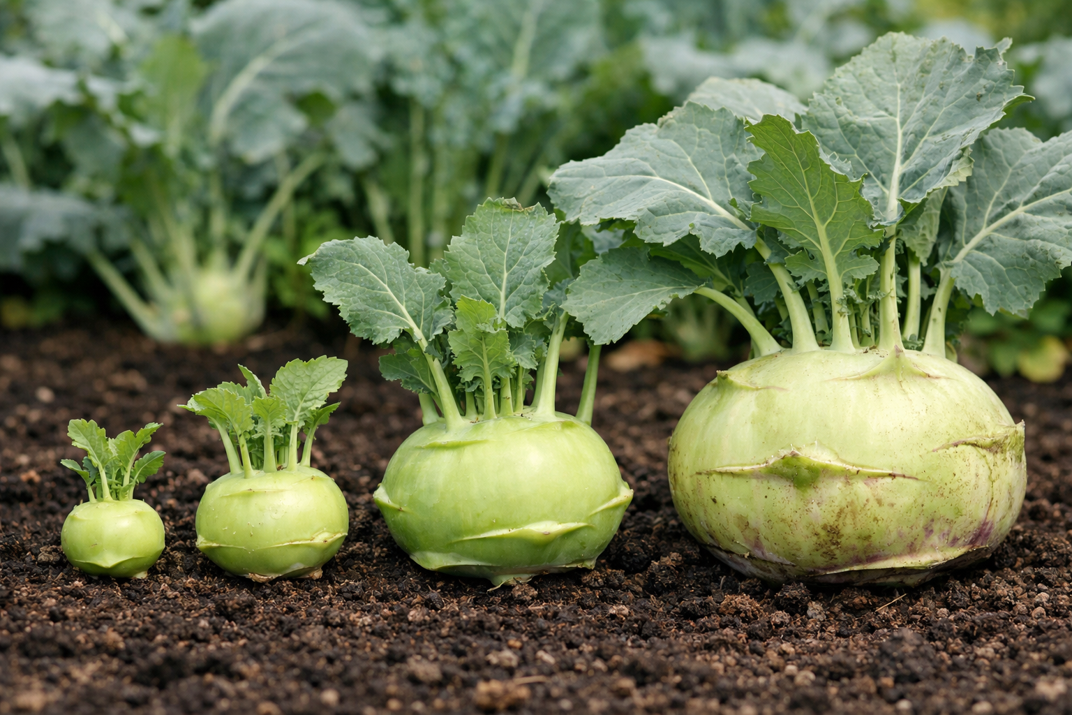 Kohlrabi bulbs shown at different harvest sizes from very small to oversized