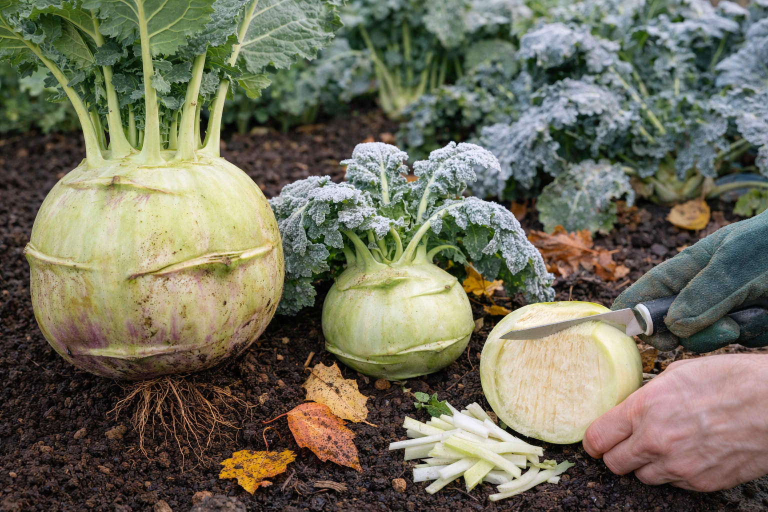 Comparison of standard, giant, and overgrown kohlrabi bulbs cut open to show texture