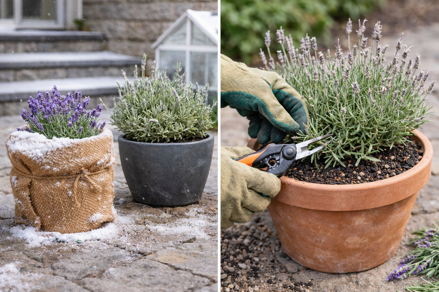 Potted lavender showing light pruning and winter protection in a sheltered spot