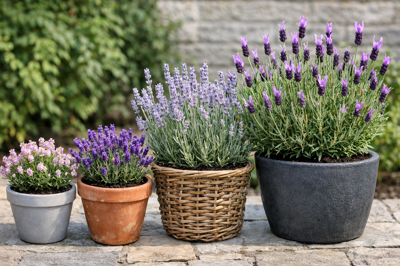 Different lavender varieties in containers showing compact and larger growth habits