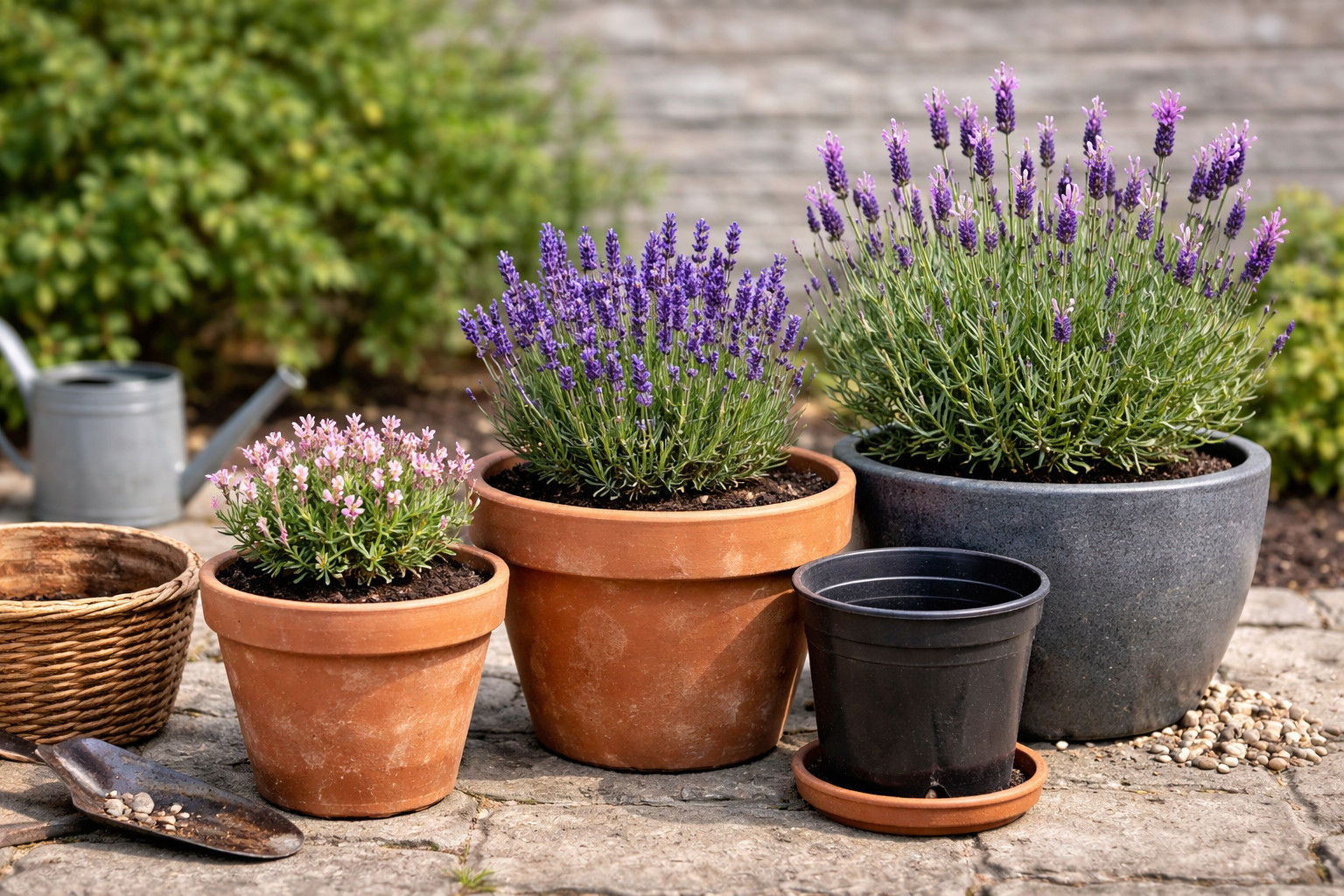 Lavender in terracotta, ceramic, and plastic pots with visible drainage setup