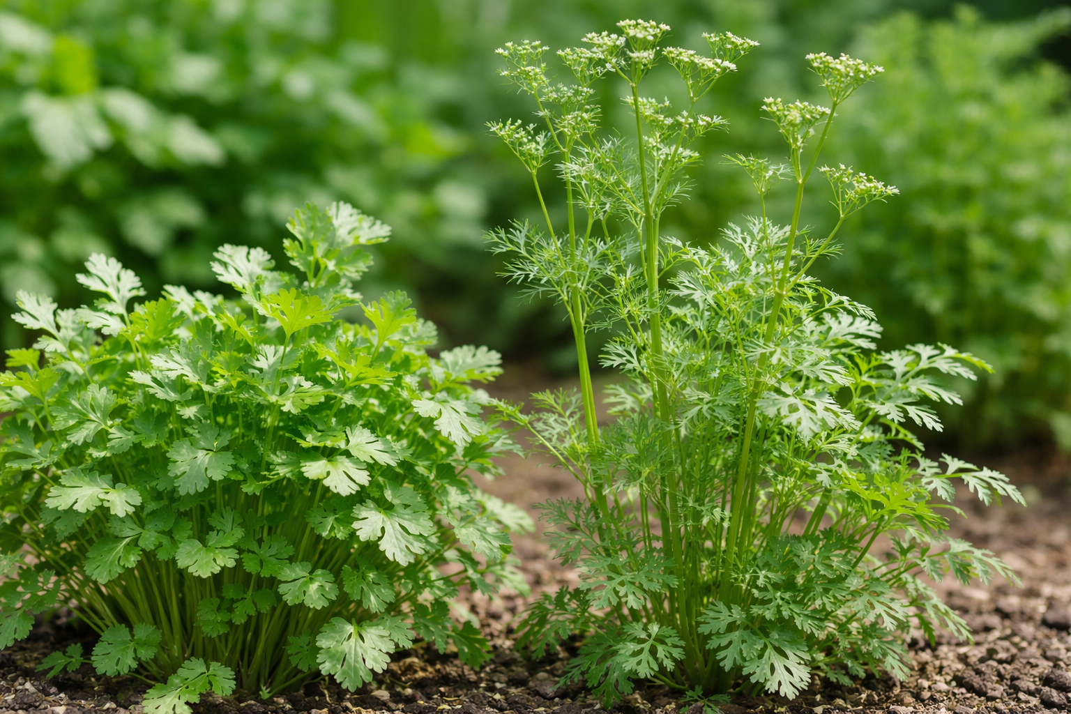 Leafy cilantro beside bolting cilantro with feathery leaves and tall flower stems