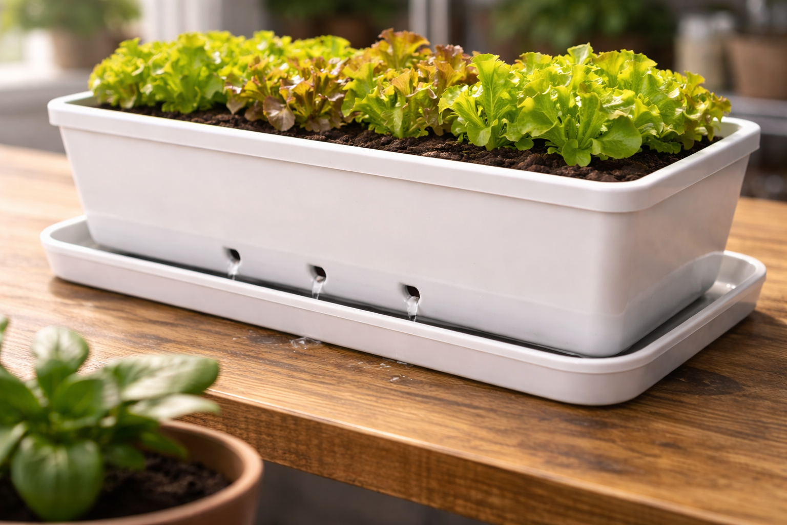 Indoor lettuce planter with drainage holes, saucer, and proper potting setup