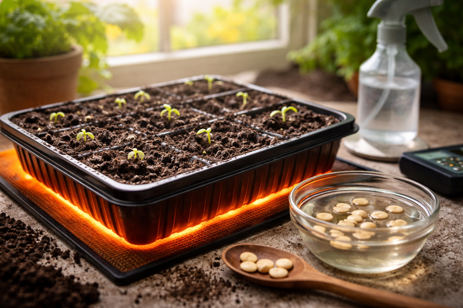 Luffa seeds soaking beside a warm seed-starting tray with newly sprouted seedlings
