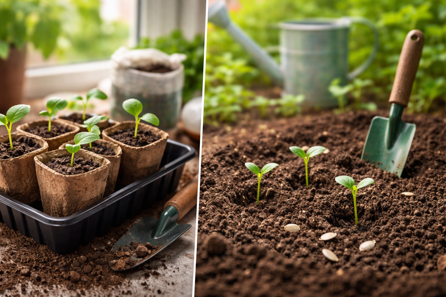 Luffa seedlings in individual starter pots beside direct-sown luffa seeds in warm garden soil