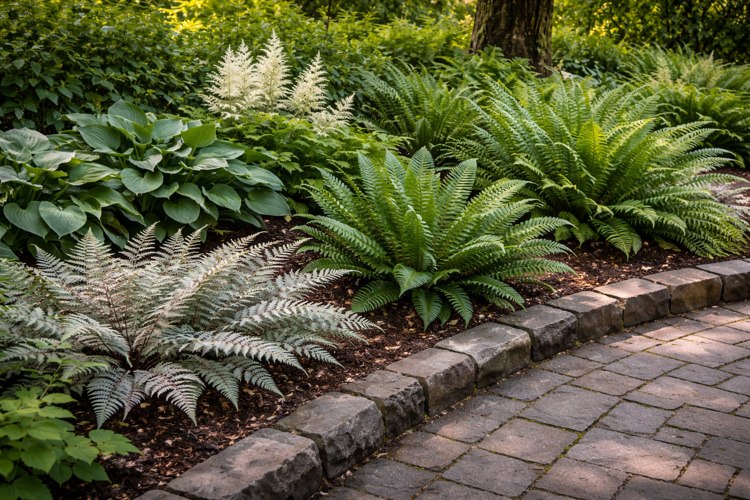 Several shade garden ferns shown side by side, including Japanese painted fern, Christmas fern, and ostrich fern