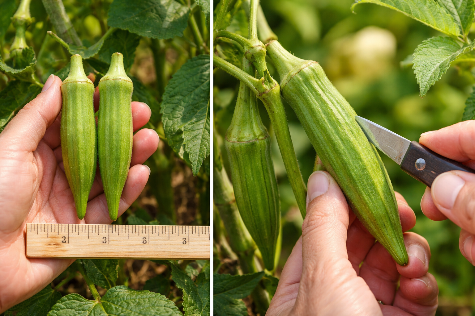 Close-up of tender okra pods beside a slightly oversized pod, showing size and surface differences