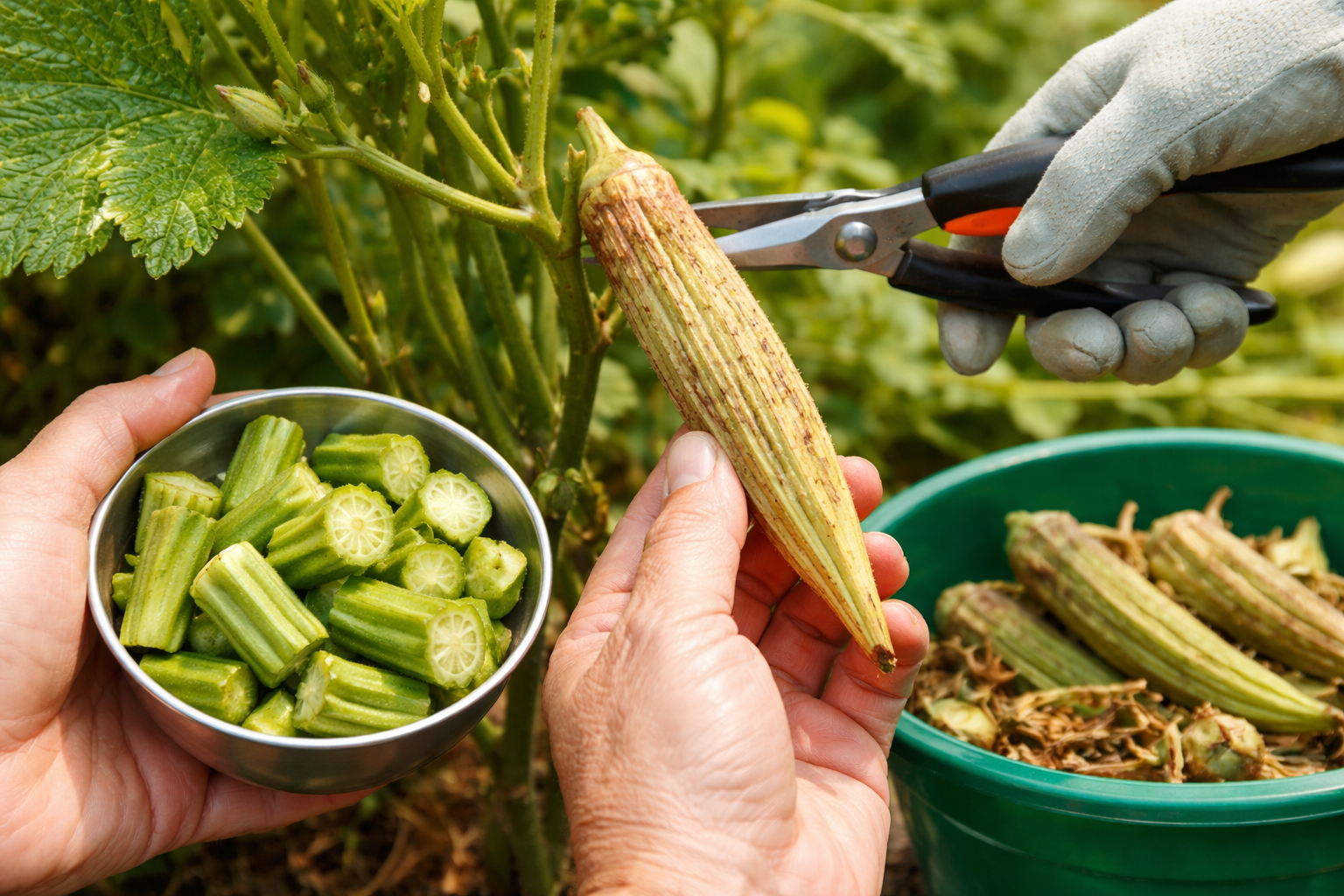 Side-by-side okra pods showing tender harvest stage, woody oversized stage, and fully mature drying seed pod