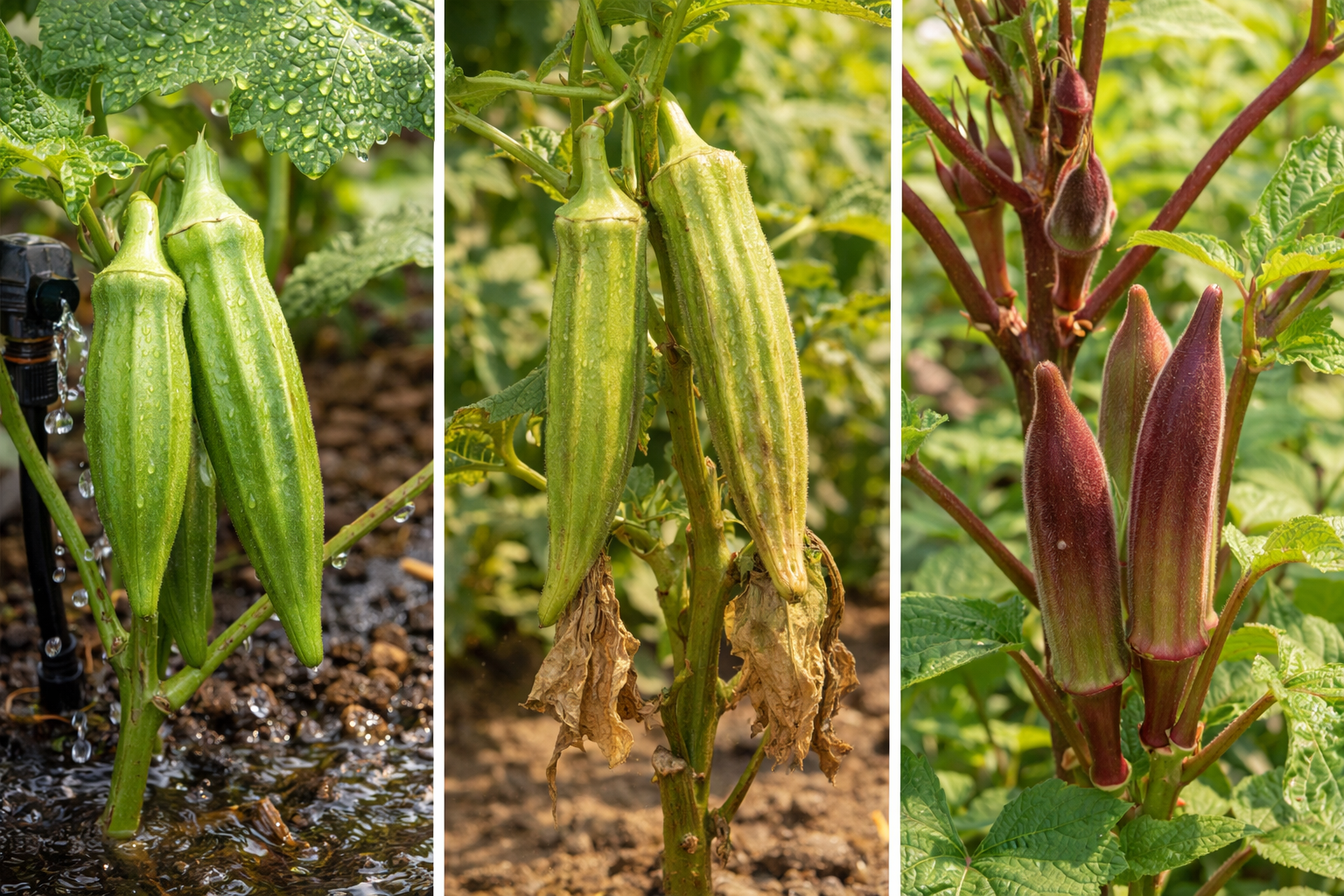 Comparison of round-podded and ribbed okra varieties growing on plants in a summer garden