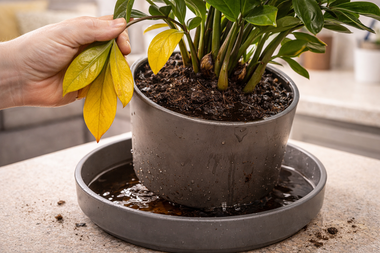 Overwatered ZZ plant with yellow leaves and dark mushy roots beside wet soil