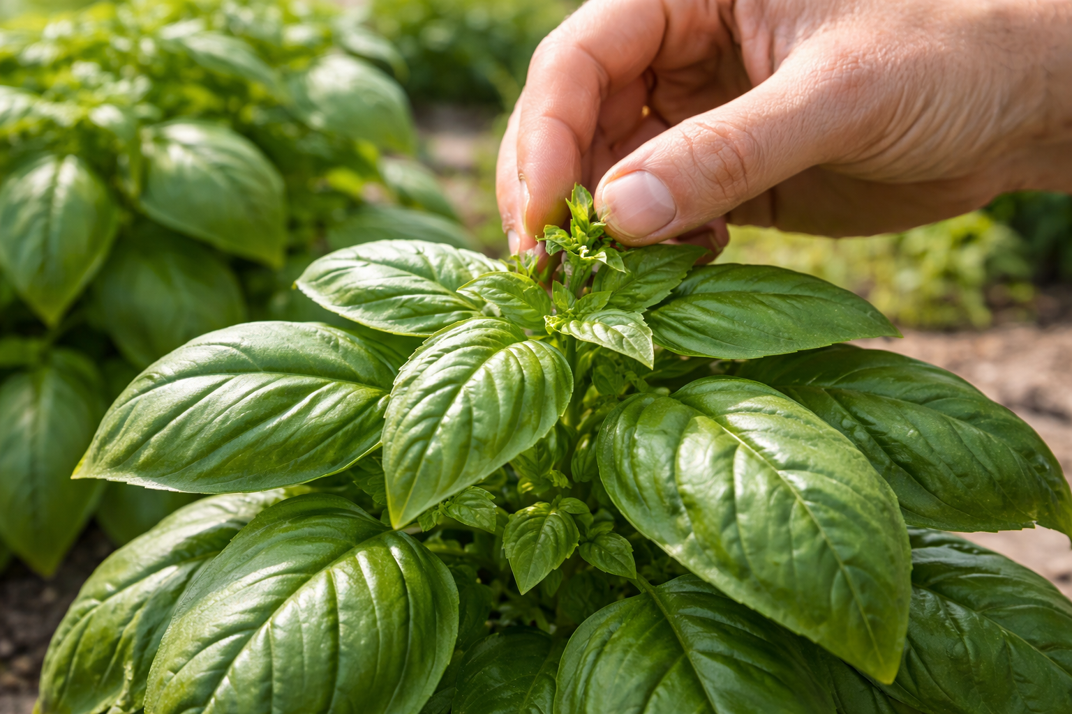 Hands pinching basil stem just above a leaf node to encourage bushier growth