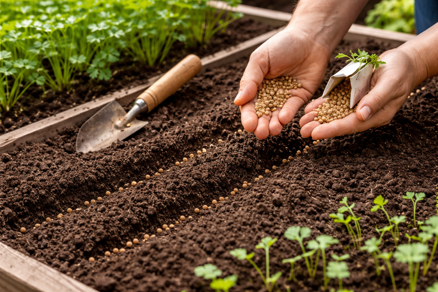 Cilantro seeds being sown shallowly in a pot with even spacing