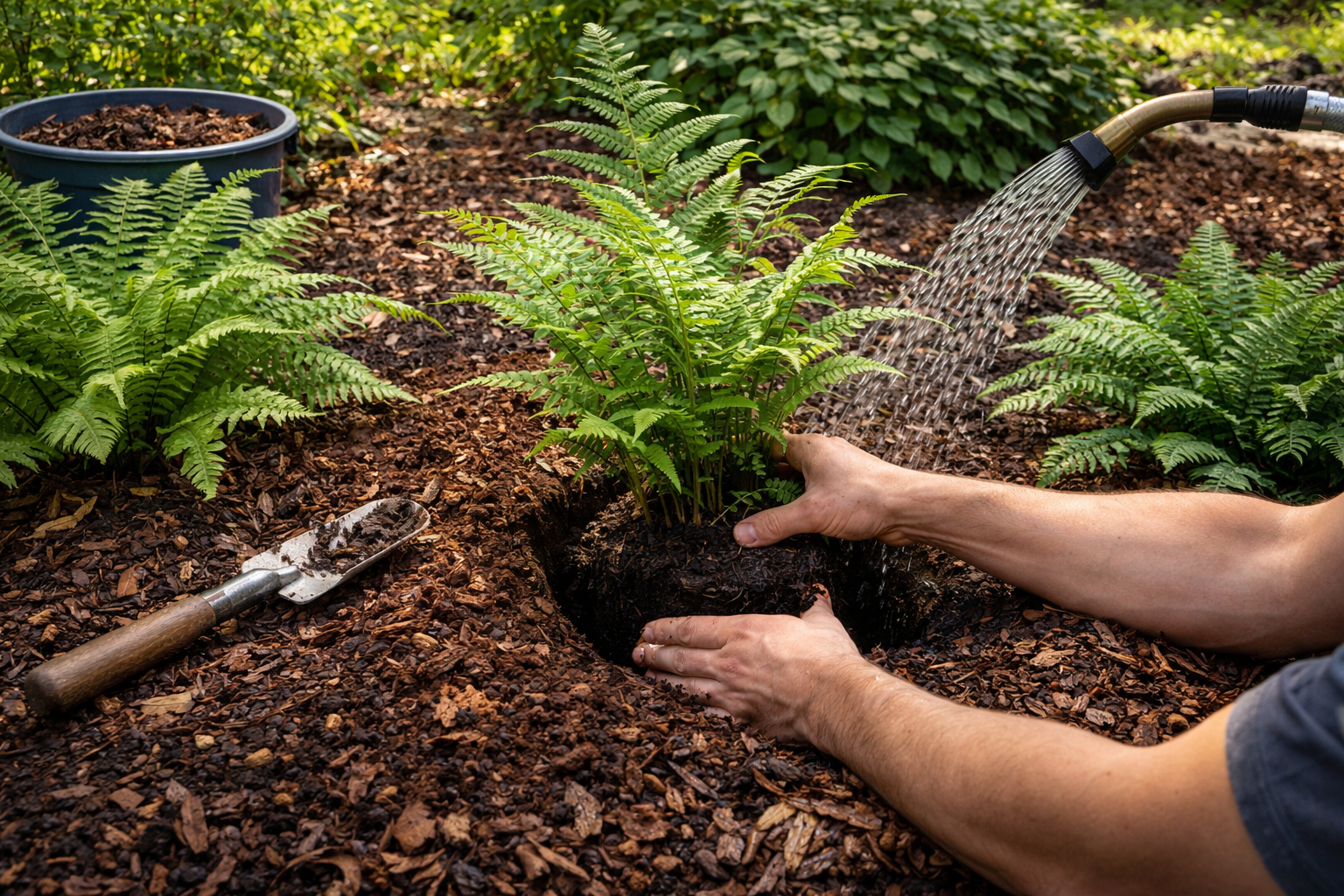 Planting a fern in rich soil with compost and mulch in a shaded garden bed