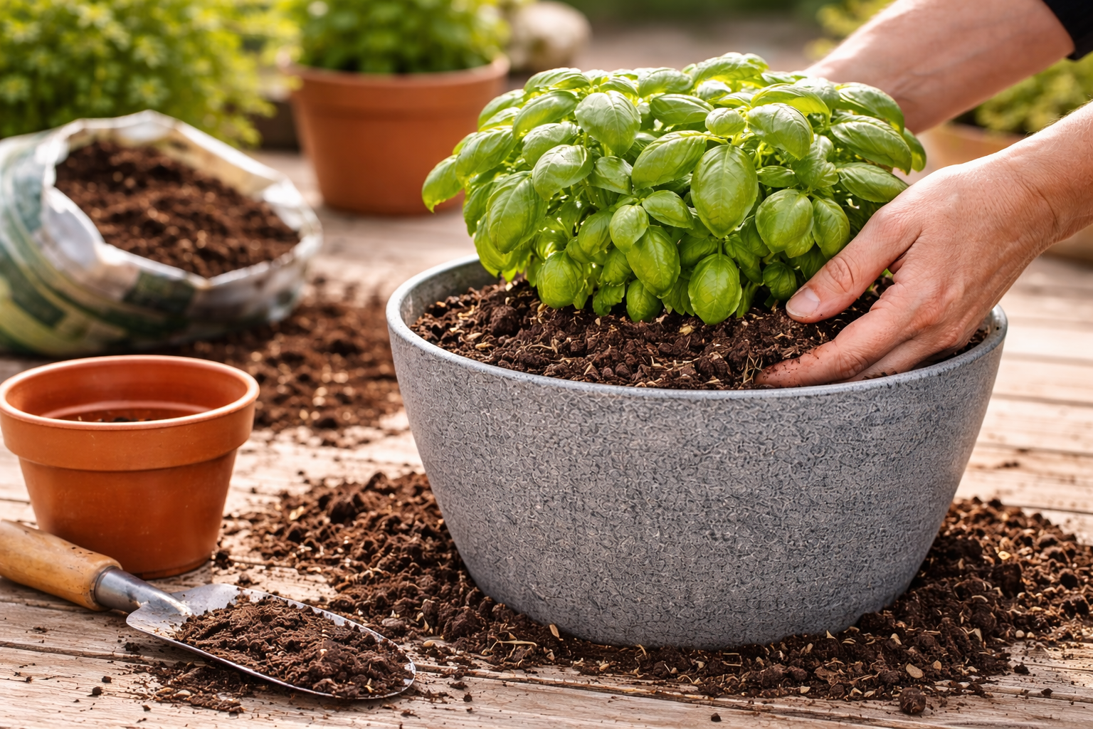 Basil being transplanted into a container with potting mix at the correct planting depth