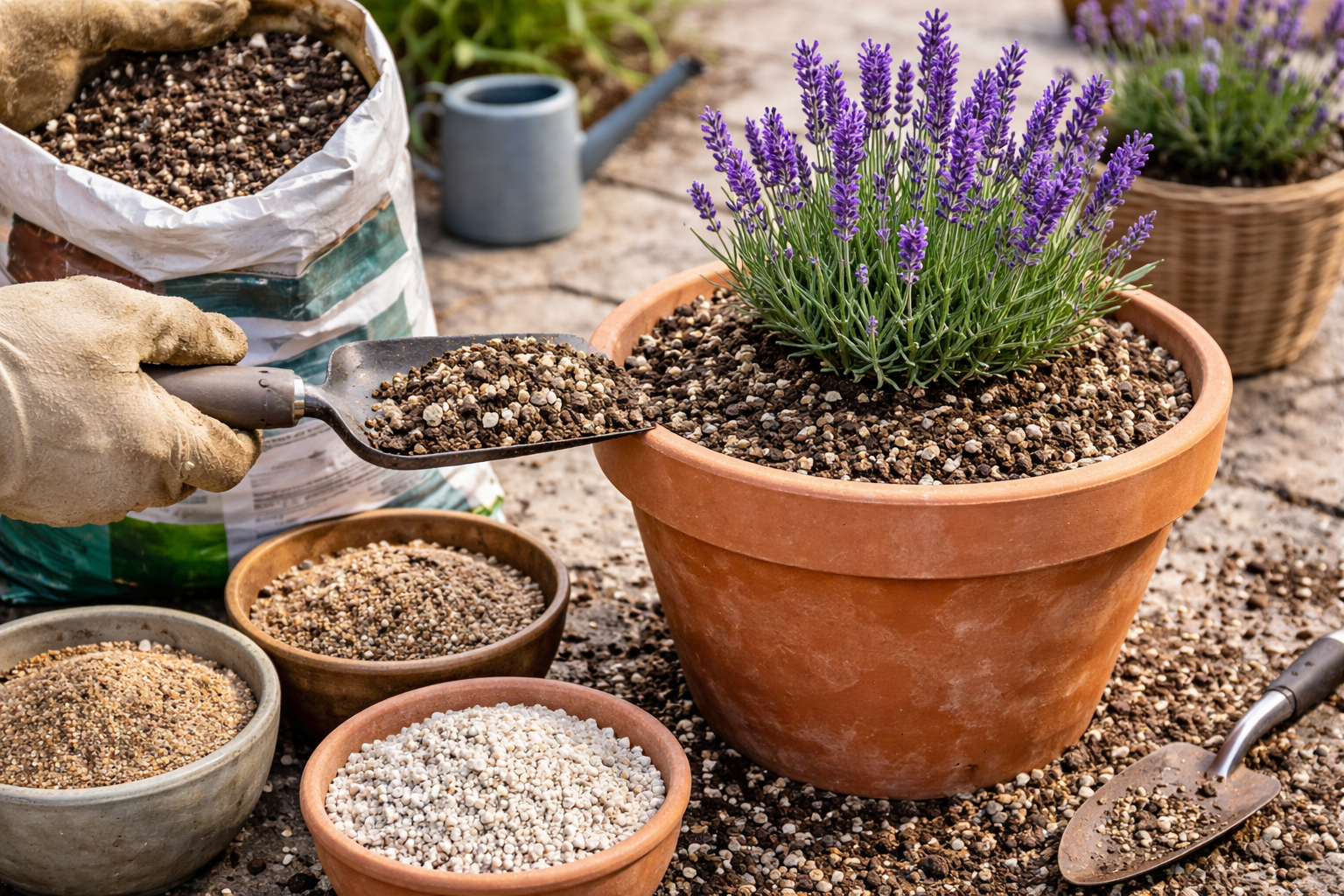 Lavender planted high in a gritty fast-draining container mix