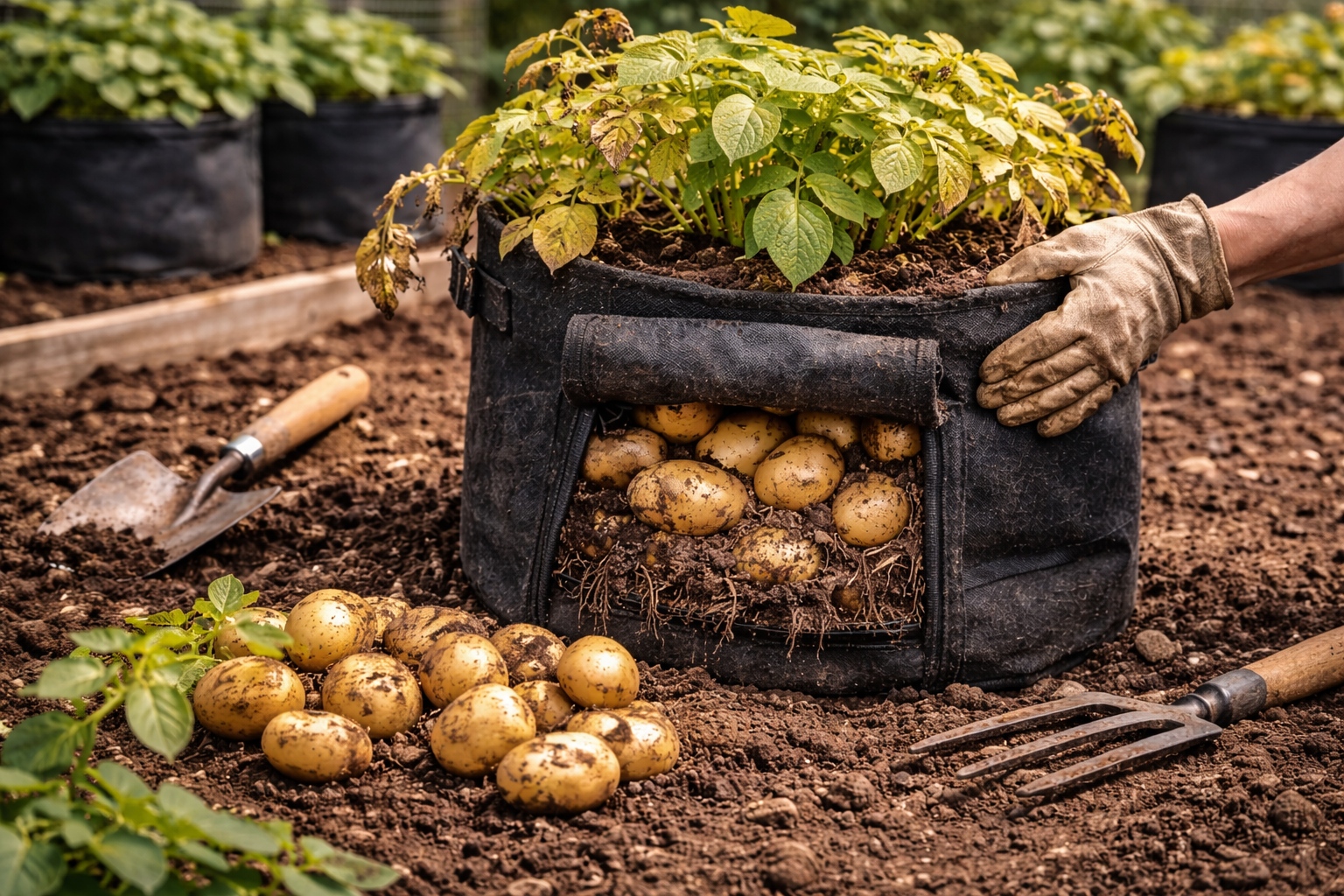 Potato grow bag being opened at harvest with mature potatoes and yellowing foliage visible