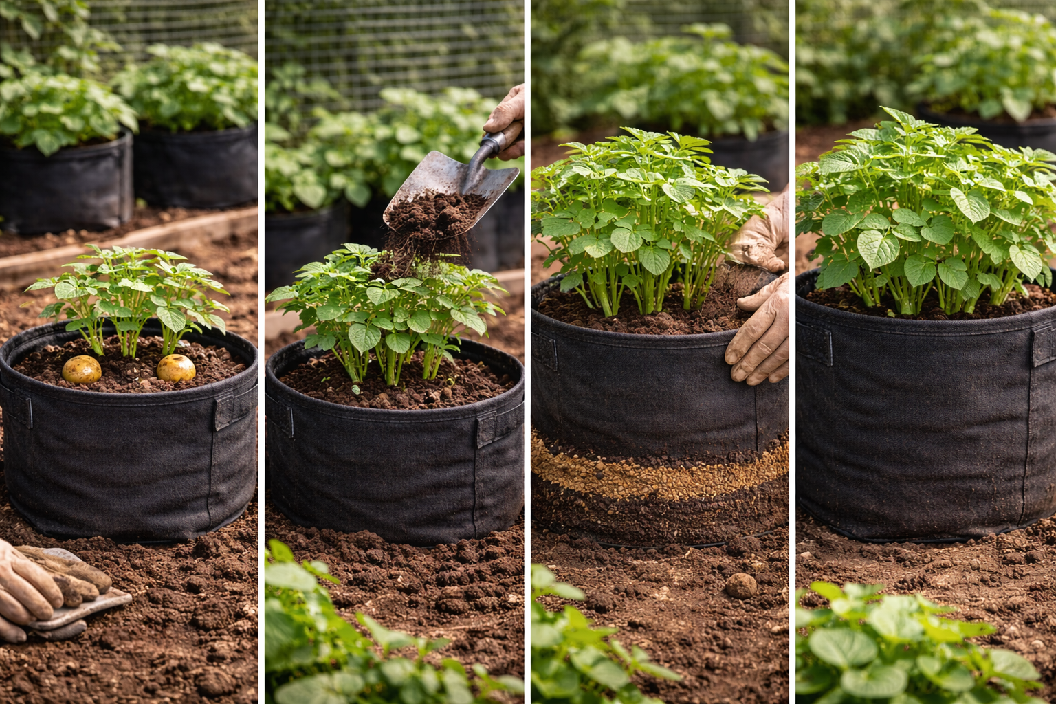 Potato grow bag shown at several hilling stages as soil is added around growing stems