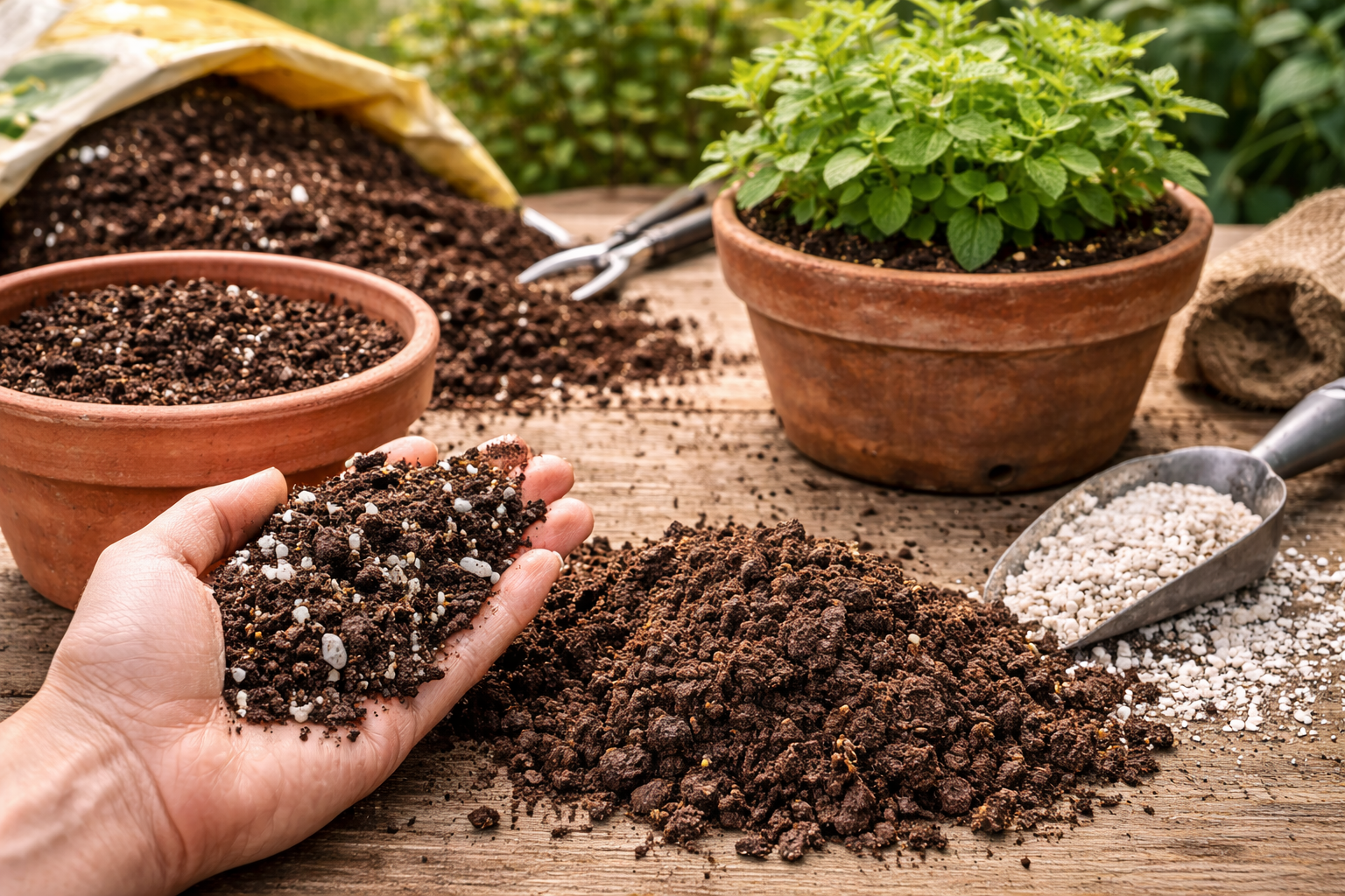 Close-up of potting mix for spearmint with loose texture and added perlite beside dense garden soil