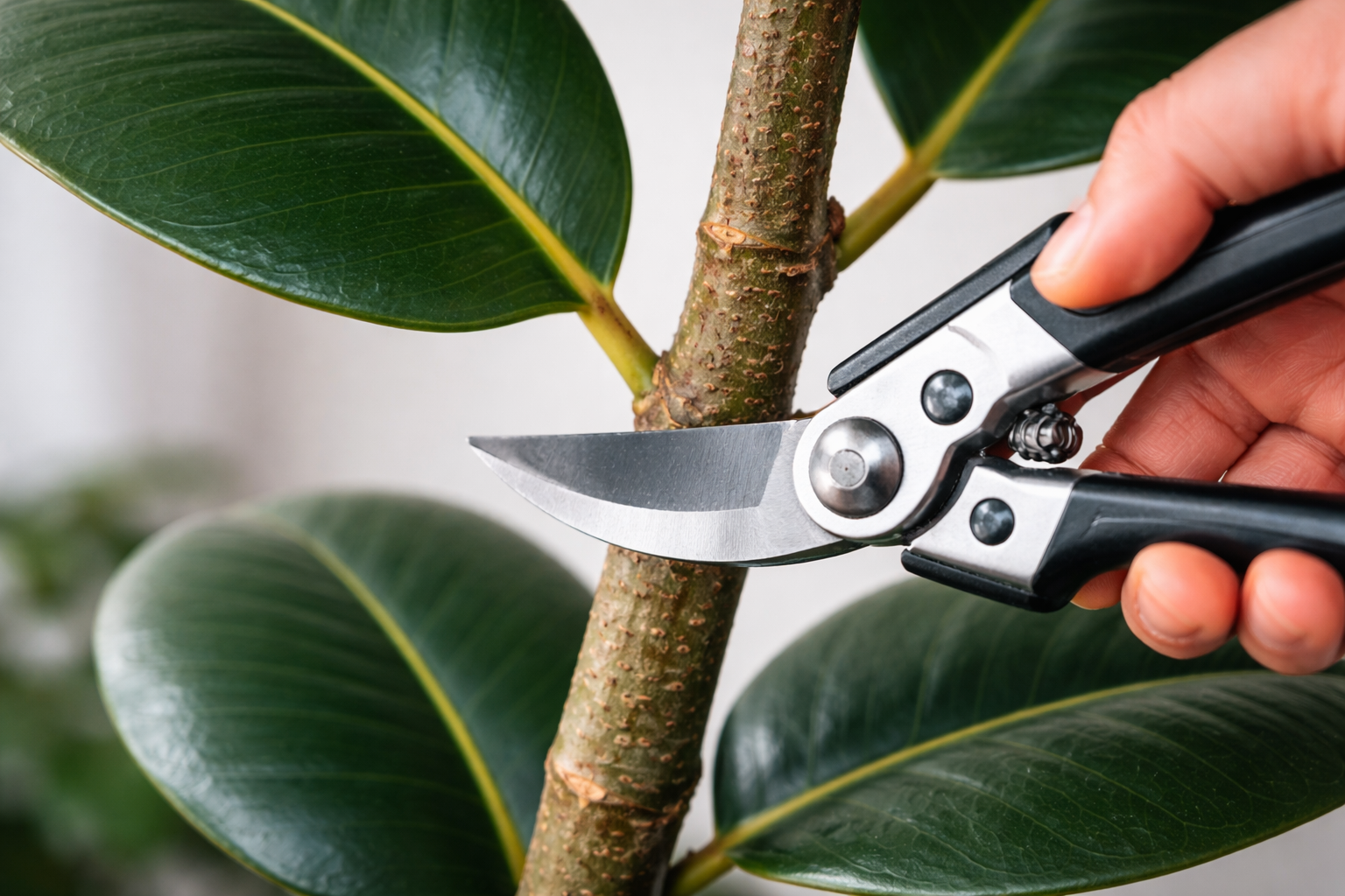 Close-up of a rubber plant stem with a node and the correct pruning point marked