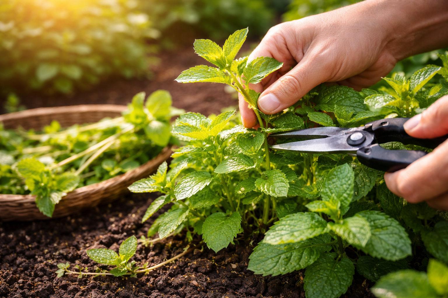 Hand trimming mint stems just above leaf nodes to encourage bushier regrowth