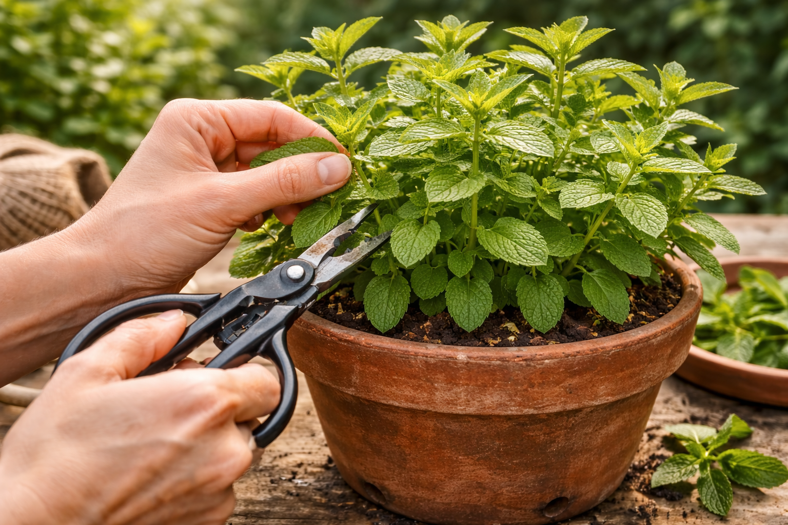 Hands pruning spearmint stems just above leaf nodes to encourage bushy growth
