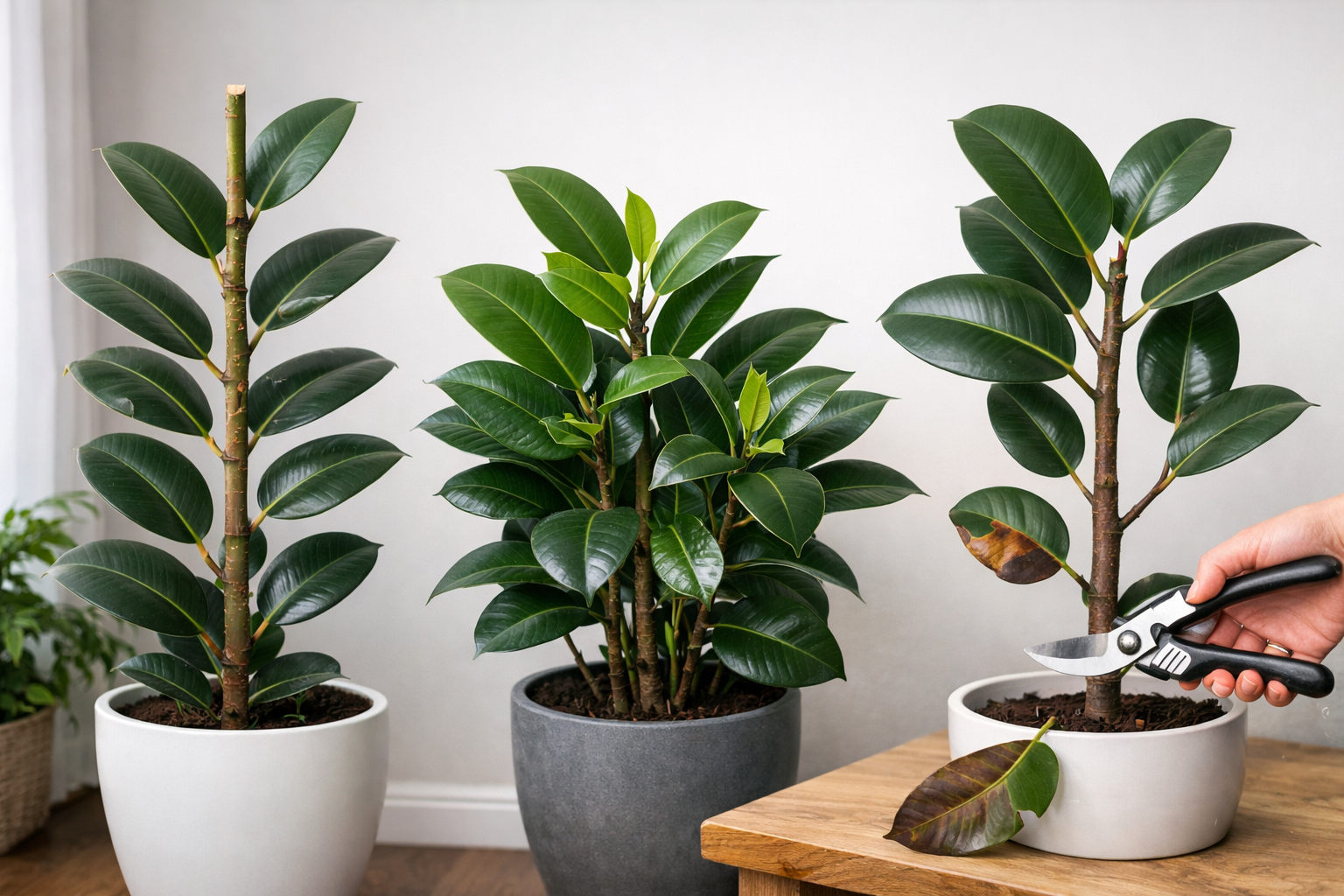 Annotated rubber plant showing pruning cuts for height control, bushier growth, and cleanup