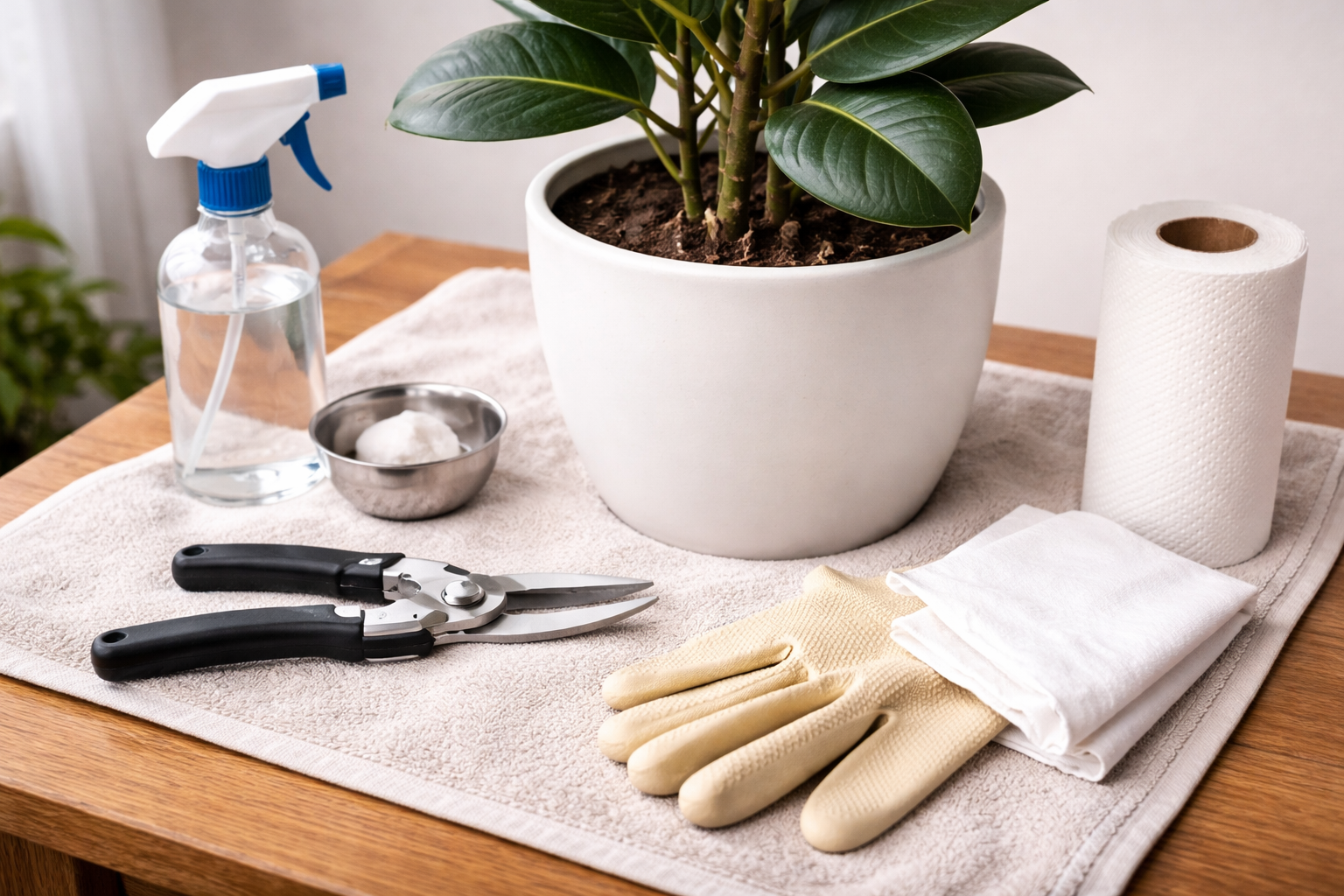 Rubber plant pruning setup with clean shears, gloves, towel, and cloth for sap cleanup