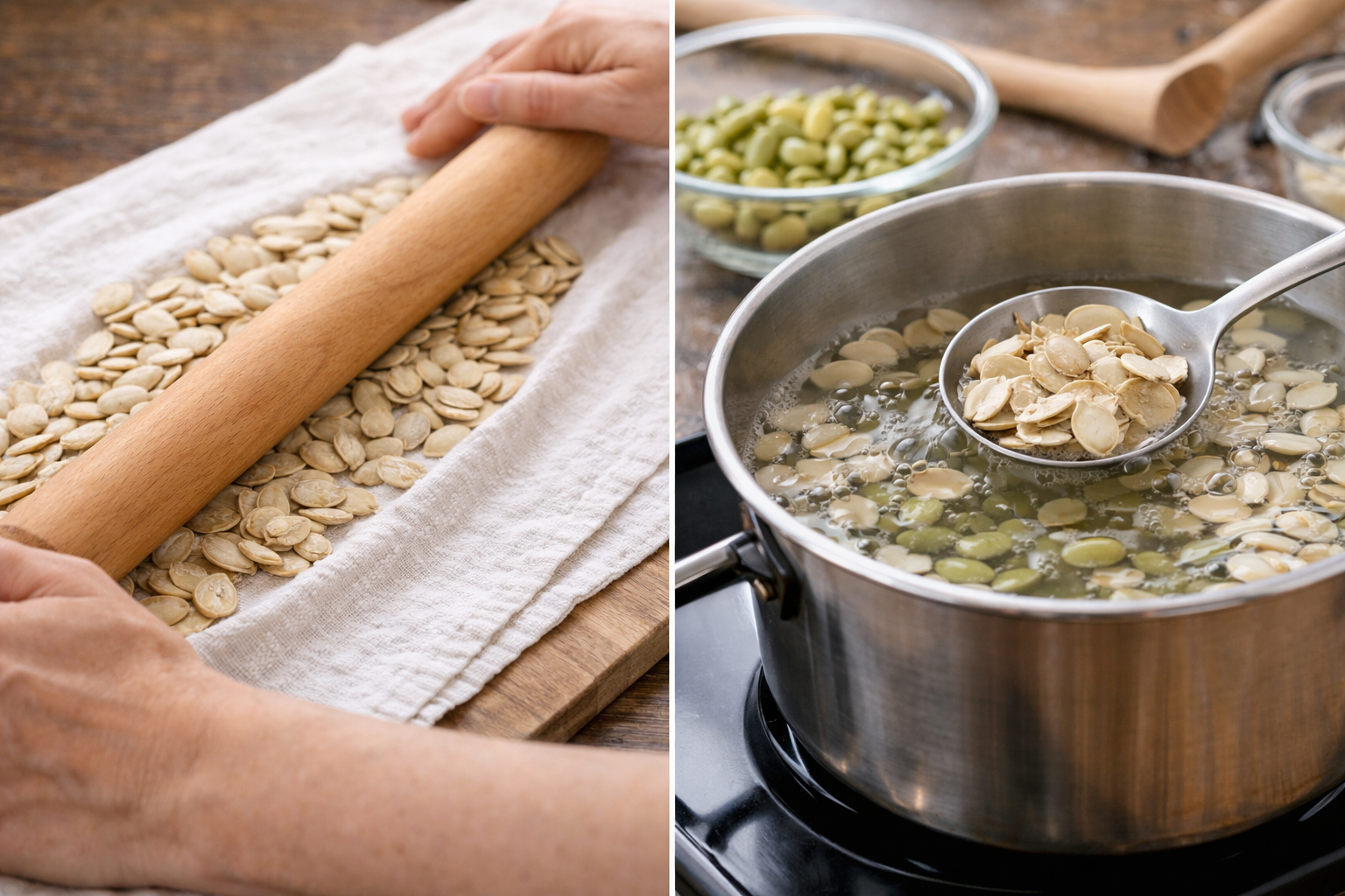 Pumpkin seeds spread in a single layer with a rolling pin and a bowl of water for shell separation